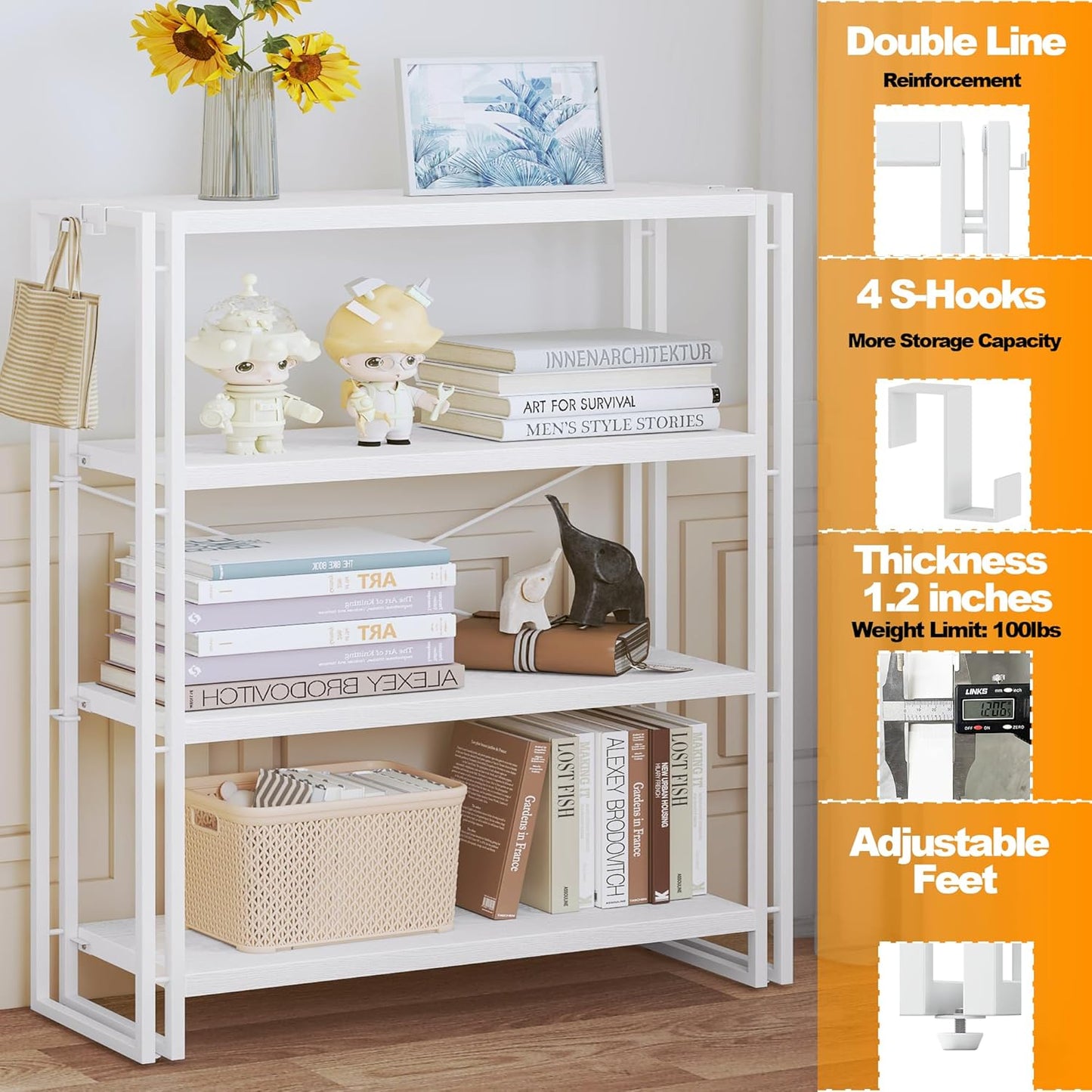HCHQHS Bookshelf, 4-Tier Industrial Bookcase, White Open Book Shelf, Freestanding Tall Bookshelves with Metal Frame