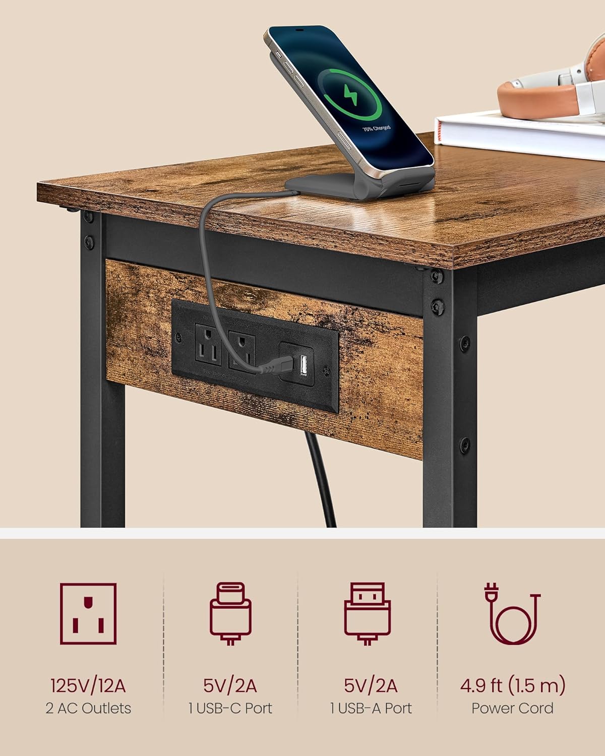 VASAGLE Bar Table, Narrow Long Kitchen Dining Table with Charging Station, Sturdy Metal Frame, Industrial, 15.7 x 39.4 x 35.4 Inches, Rustic Brown and Ink Black ULBT101K01