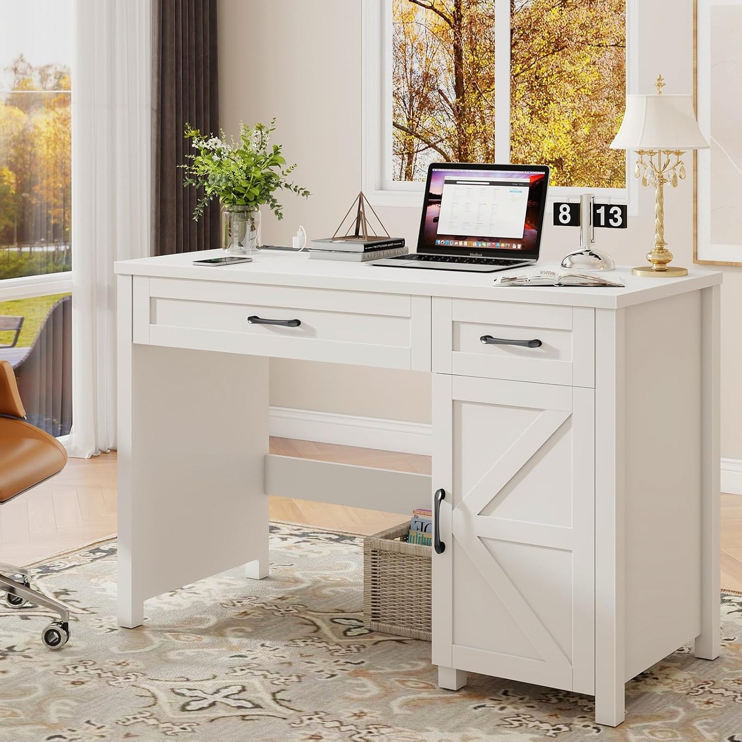 Farmhouse 47" Executive Desk, Computer Desk with Drawers and Storage Cabinet, Workstation Computer Desk for Home Office, Study.(Cream White)