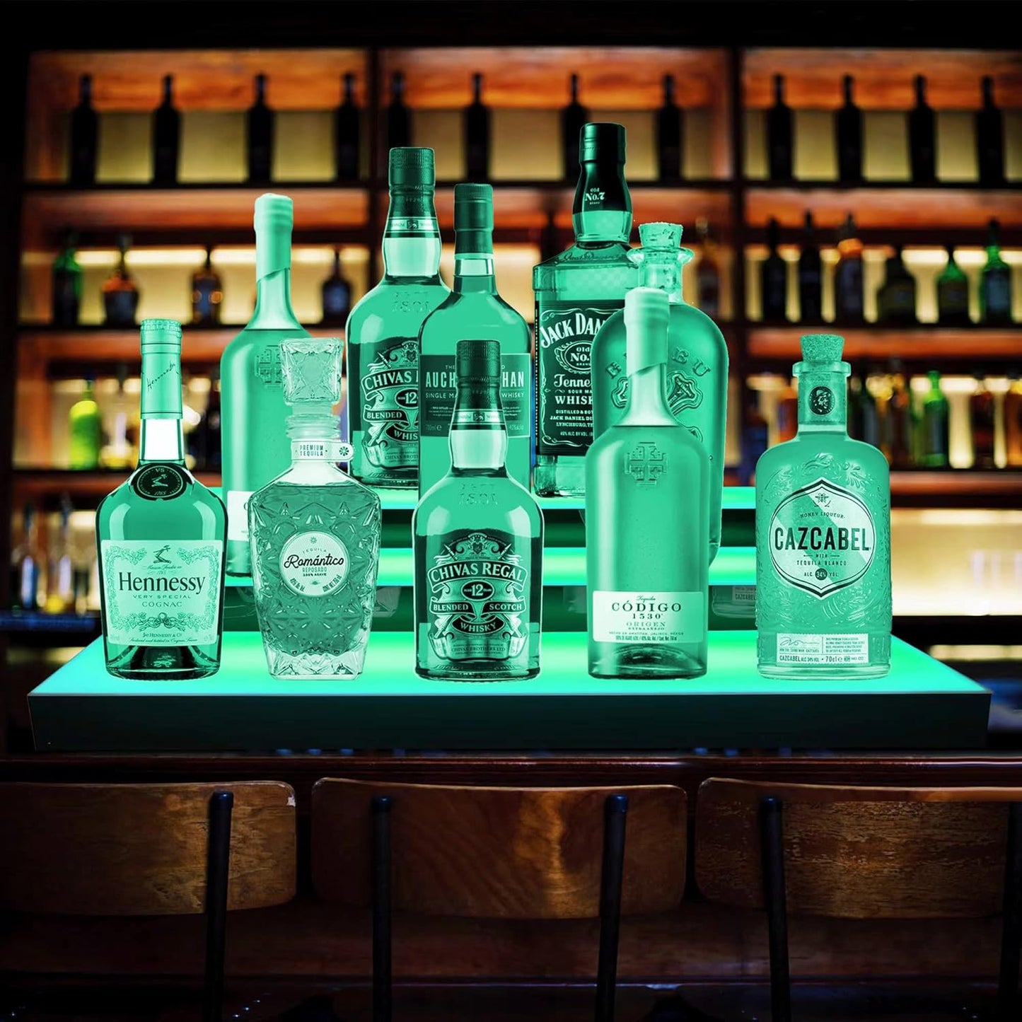 Royxen LED Lighted Liquor Bottle Shelf 3 Tier, 24 Inch Bar Shelf with Remote, Bottle Stand Multicolor Lighting Modes for Bars