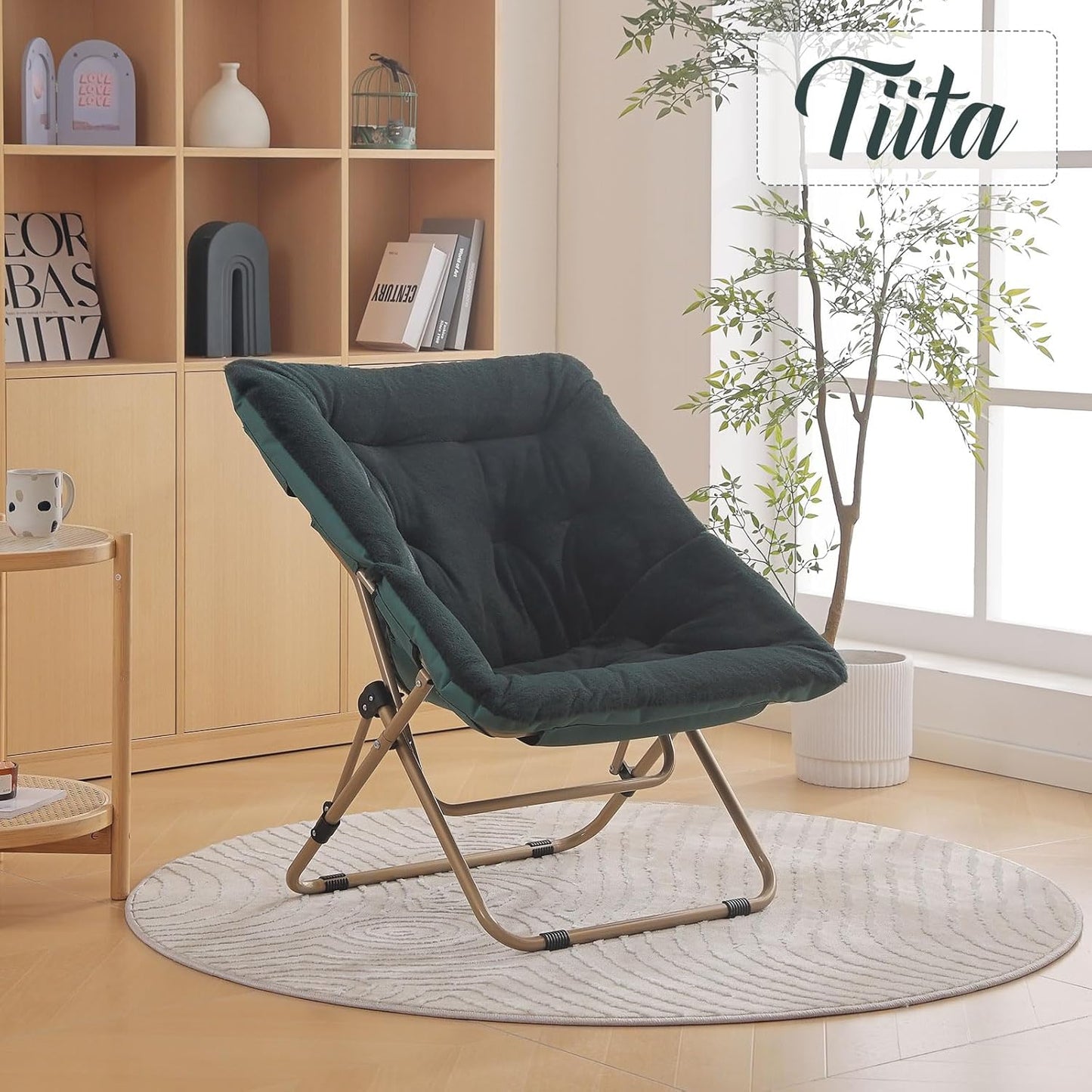 Tiita Comfy Saucer Chair, Soft Faux Fur Oversized Folding Accent Chair, Lounge Lazy Chair for Kids Teens Adults, Metal Frame Moon Chair for Bedroom, Living Room, Dorm Rooms
