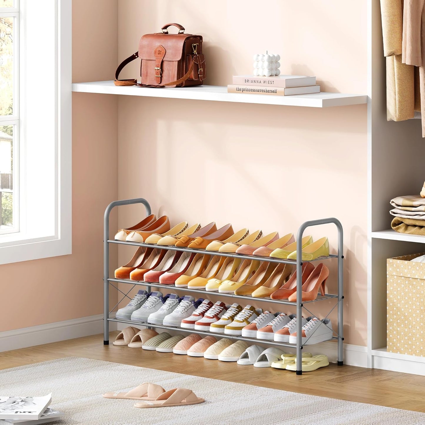 Hoctieon 3 Tier Mesh Style Shoe Rack, Entryway Shoe Shelf, Shoe Storage Organizer, Shoe Rack for Closet, Space Save for Bathroom, Garage, Hallway, Bedroom, Living Room, Grey