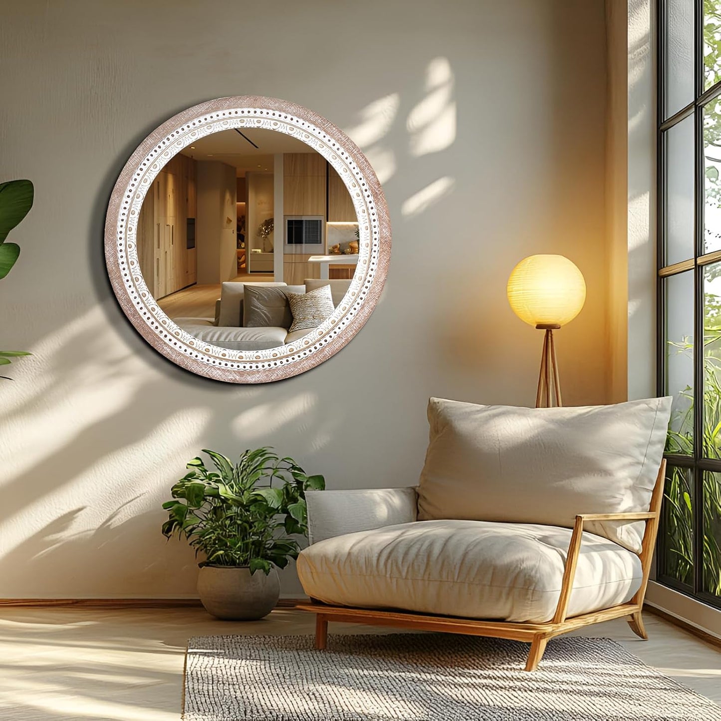 24 Inch Wooden Round Mirror for Wall Decor, Farmhouse Rustic Decorative Circle Mirrors with Beaded Frame, for Bedroom, Bathroom, Living Room, Entryway