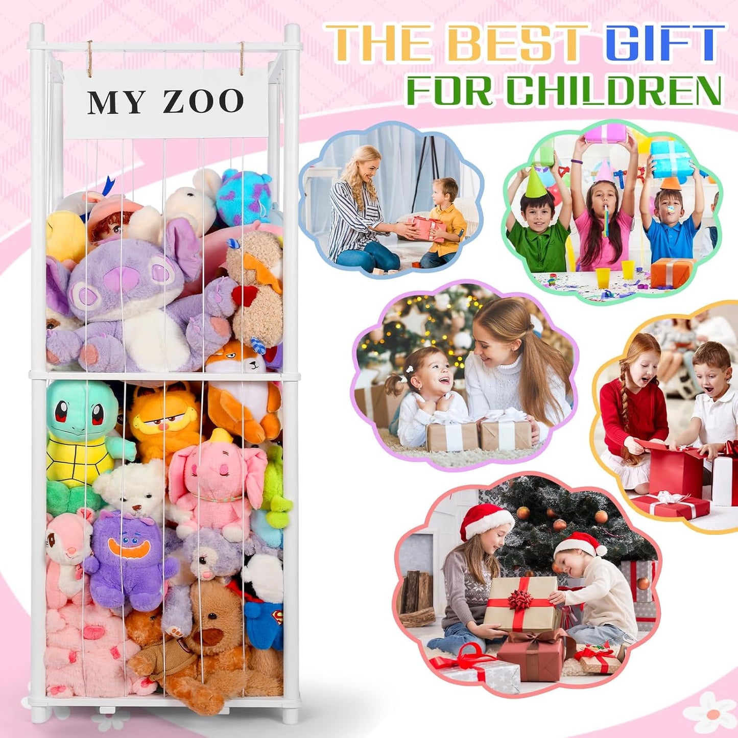 Stuffed Animal Storage Zoo, Wooden Stuffed Animal Organizer with Elastic Cords for Boys Girls, Space Saving Toy Plushies Storage Holder for Playroom, Bedroom, Living Room (White, Large)