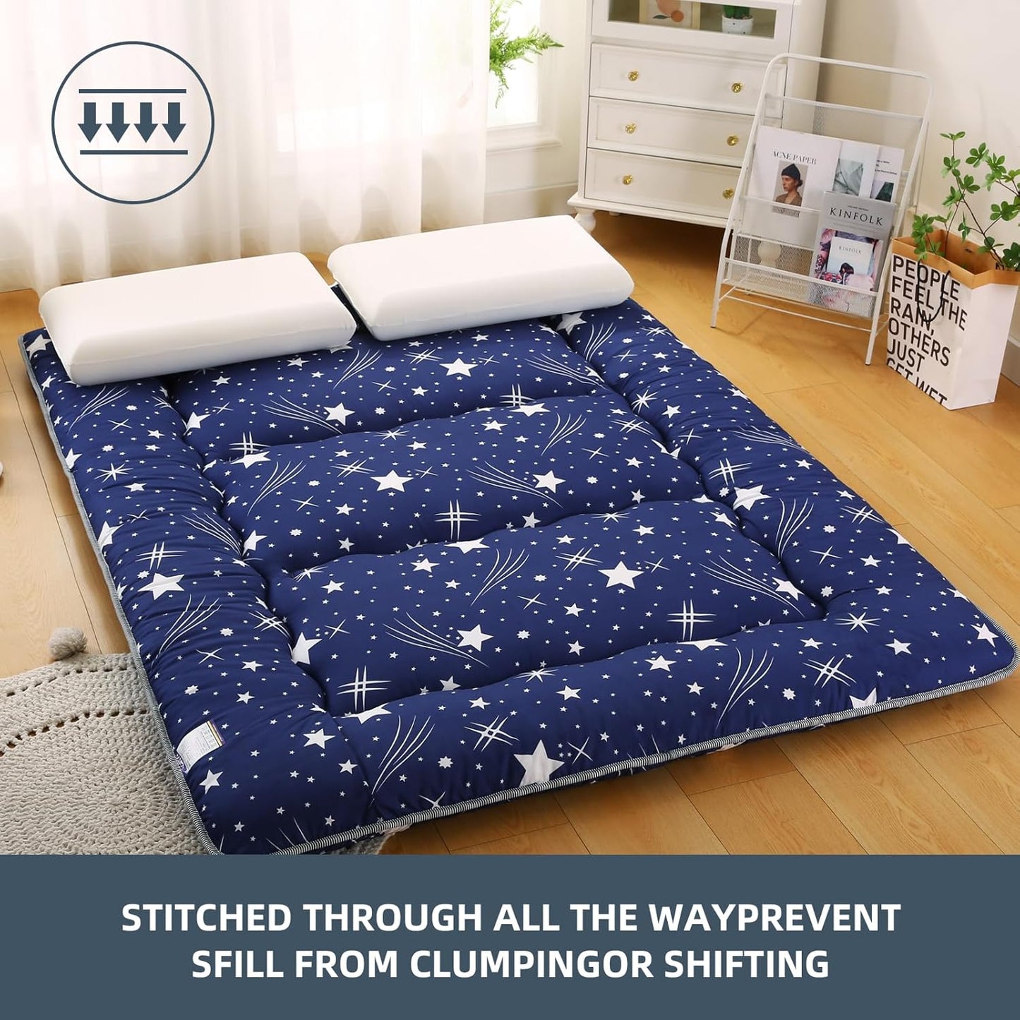 Bohemian Retro Japanese Floor Mattress, Vintage Floral Tatami Floor Mat, Portable Roll up Futon Mattress for Guest,Tavel (Starry,Queen80 X 60")