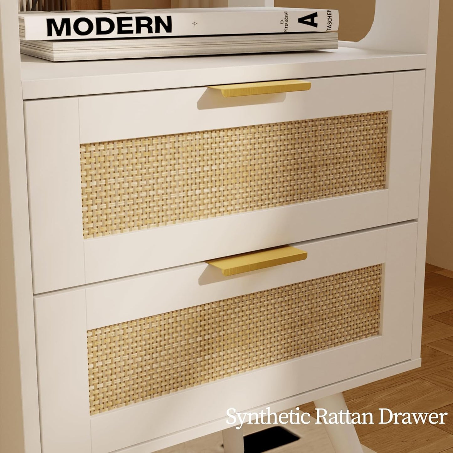 Rattan Nightstand,Farmhouse Bedside Table with 2 Storage Drawer and Open Wood Shelf, for Bedroom and Small Spaces,Night Stand with Solid Wood Legs (White)