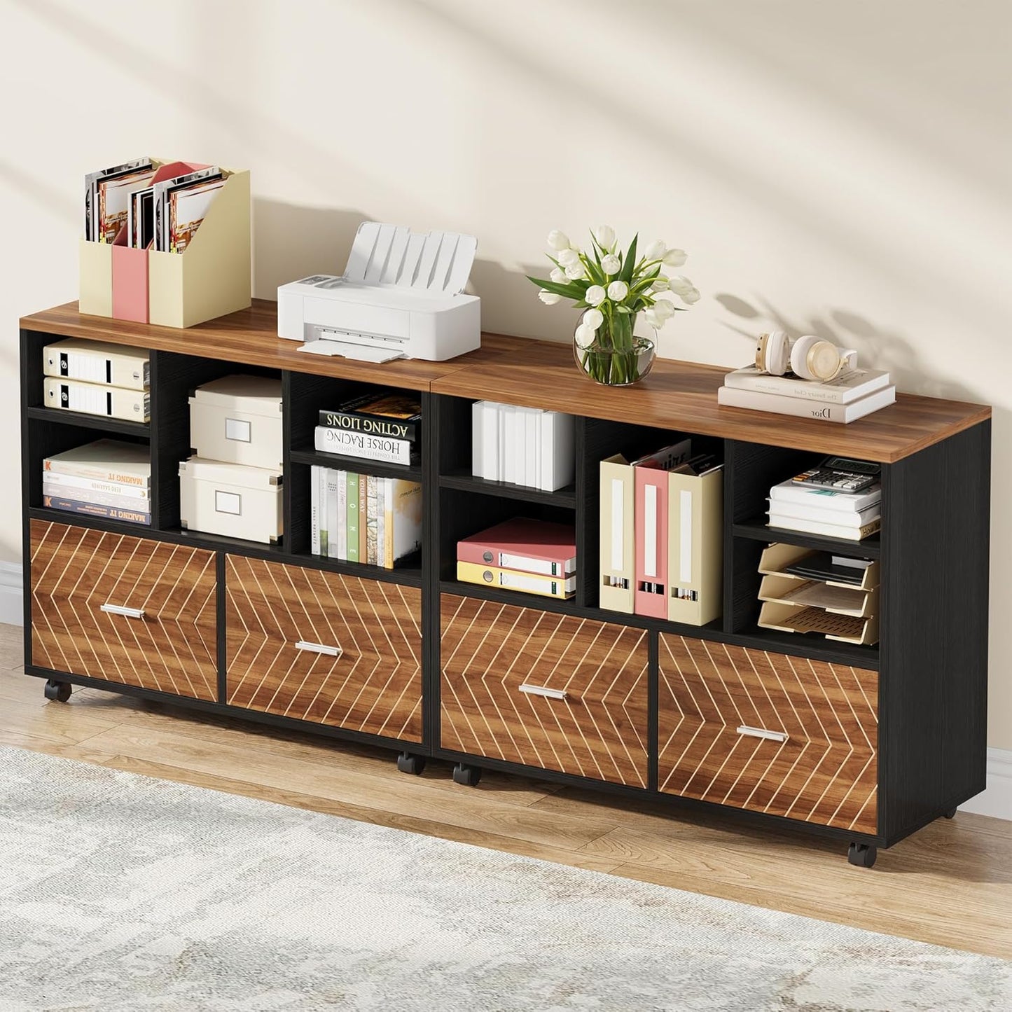 Tribesigns 2-Drawer Wood File Cabinet, Mobile Lateral Filing Cabinet for Hanging Letter Size Files, Printer Stand with Open Storage Shelves for Home Office (Walnut & Black)