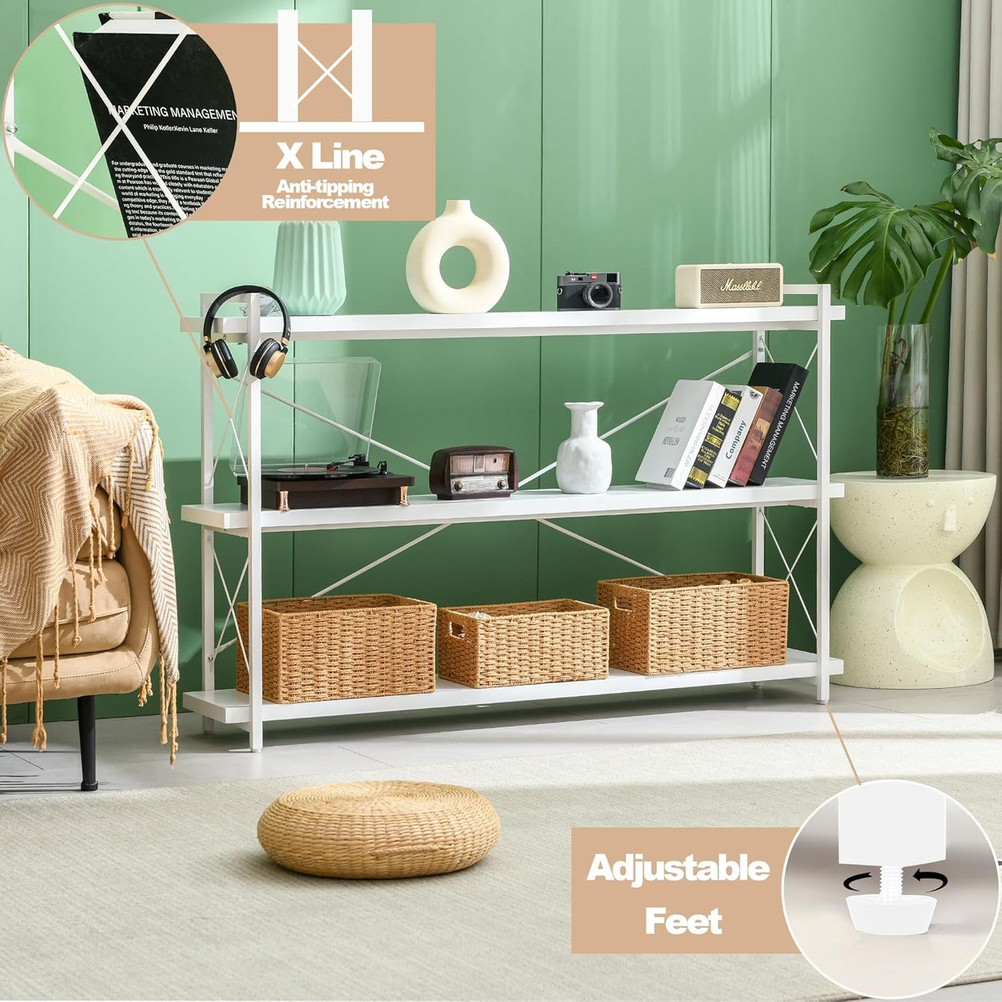 HCHQHS Bookshelf, 3-Tier Long Industrial Bookcase, White Open Book Shelf, Freestanding Horizontal Bookshelves with Metal Frame