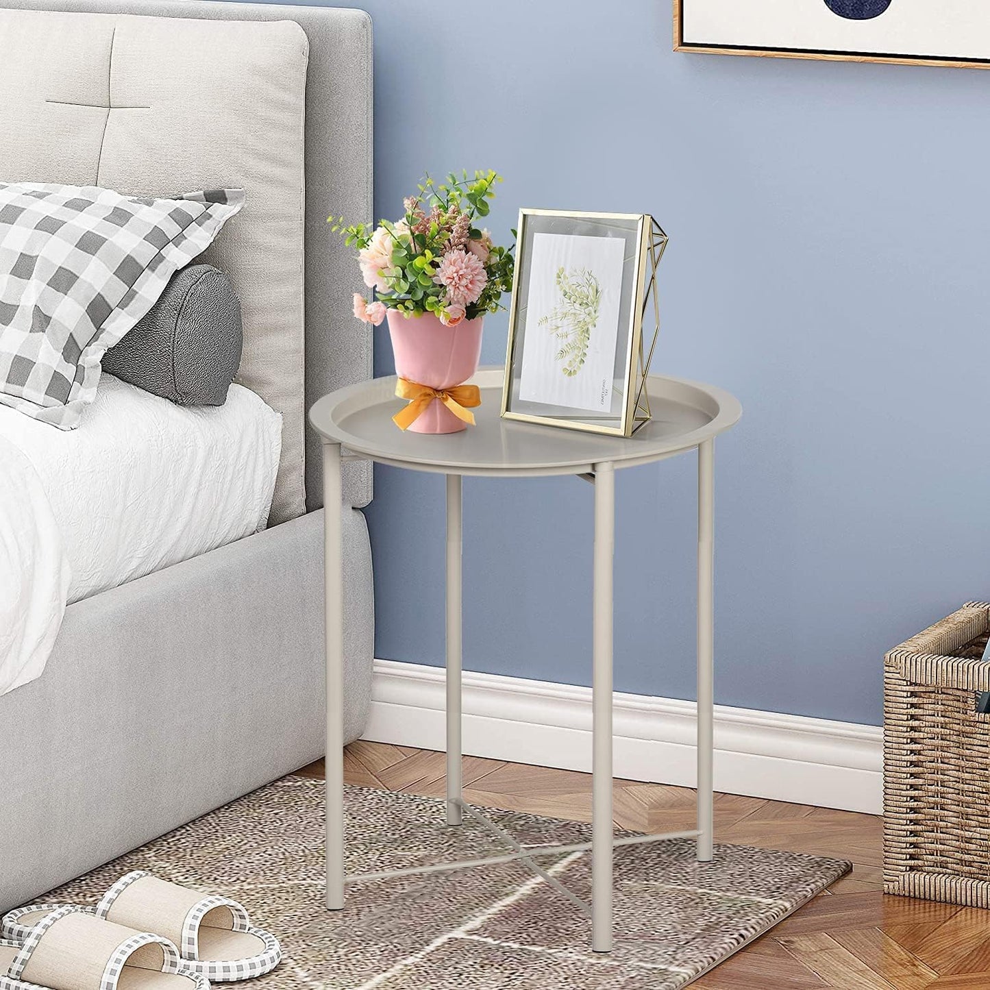 VECELO Side/End Table, Folding Round Metal Anti-Rust and Waterproof Outdoor or Indoor Tray for Living Room Bedroom Balcony and Office, 1 PCS, Grey