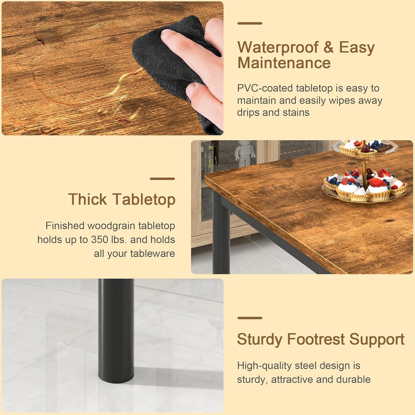 VECELO Kitchen Table and Chairs for 4, Dining Room Set with Chairs/Stools, Heavy-Duty Metal Frame with Wooden Tabletop for Small Spaces, Easy Assembly, Antique Brown