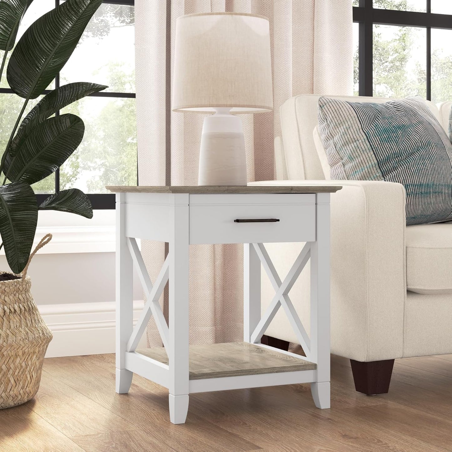 Bush Furniture Key West Small End Table with Storage | Modern Farmhouse Accent Shelf for Living Room in Pure White and Shiplap Gray