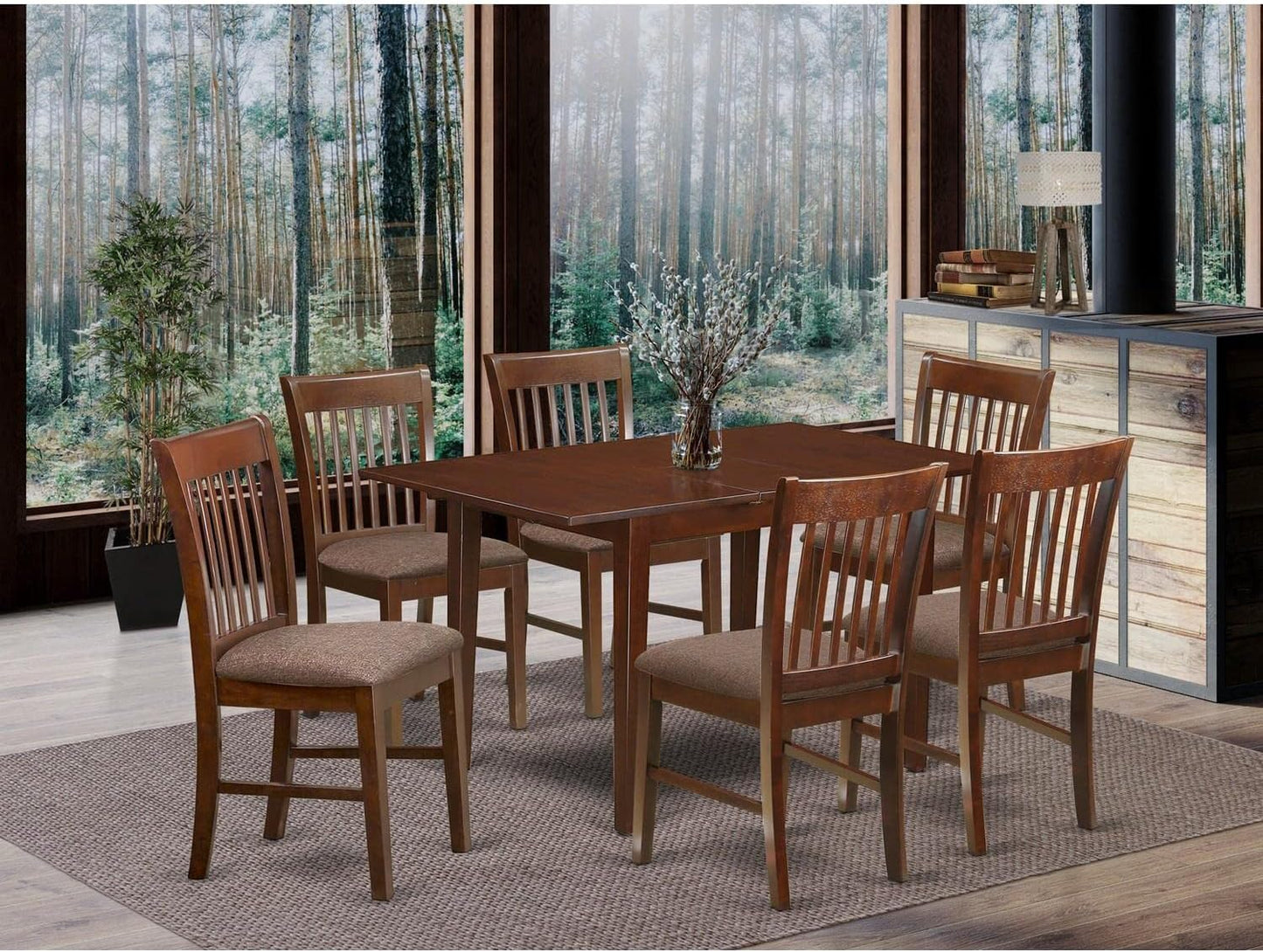 East West Furniture PSNO7-MAH-C 7 Piece Dining Room Furniture Set Consist of a Rectangle Wooden Table with Butterfly Leaf and 6 Linen Fabric Upholstered Chairs, 32x60 Inch, Mahogany