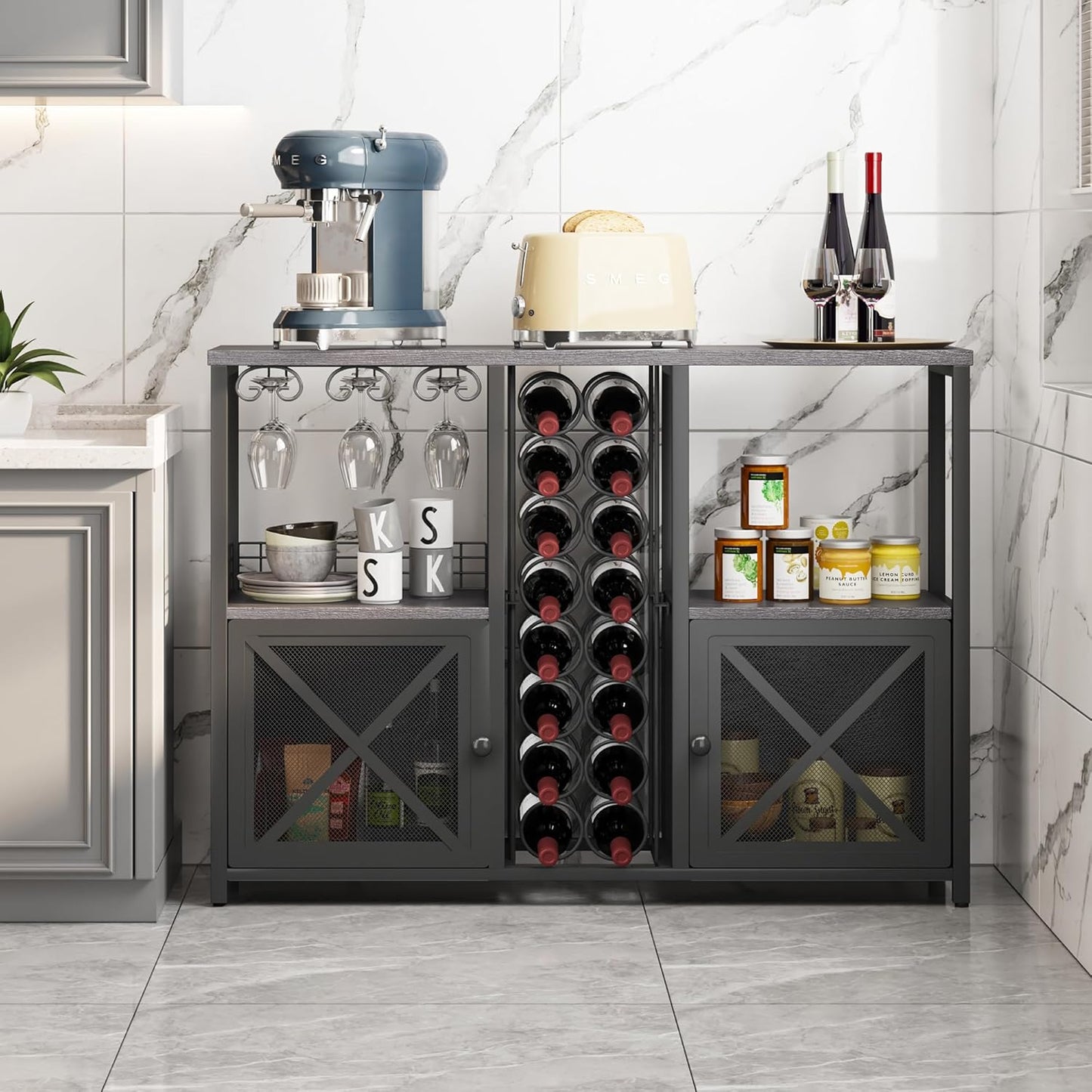 Homeiju Mini Bars for Home, Wooden Coffee Bar Cabinet, Modern Liquor Cabinet for Liquor and Glasses, Farmhouse Buffet Wine Bar Cabinet with Storage Sideboard for Home Kitchen Dining Room (Deep Grey)
