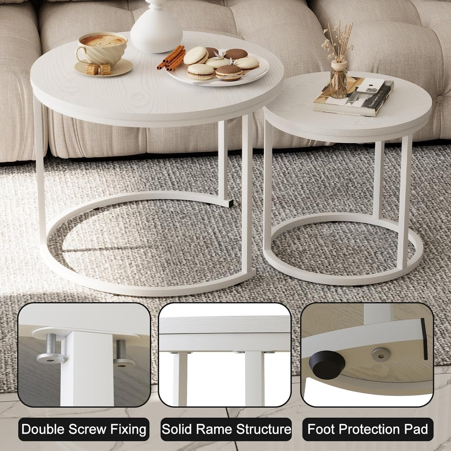 Garden 4 you Nesting Coffee Table, 23.6" Round Coffee Table Set of 2, Wooden Nesting Table Set with Metal Frame, Side Tables for Living Room Bedroom Balcony, White