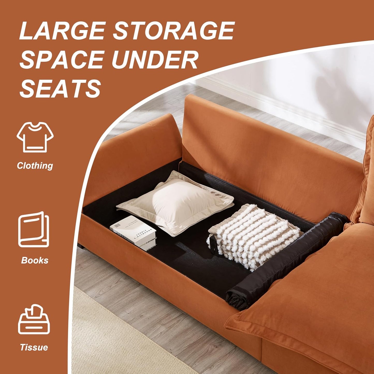 126 Inch Sailing Design Modular Sectional Cloud Sofa with Storage, Modern Deep Seat Couch w/Throw Pillows & Removable Backrest for Living Room Bedroom Apartment,Orange