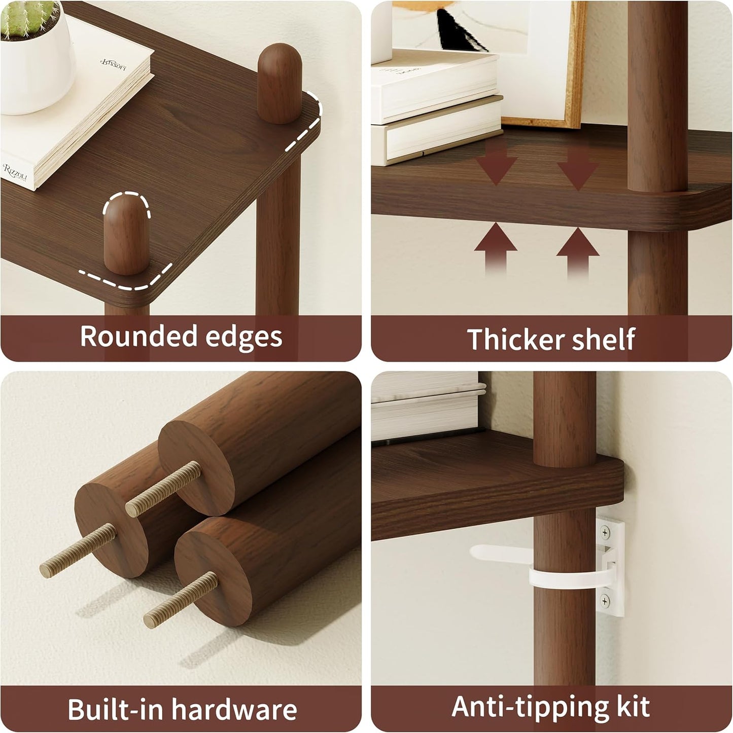 IOTXY Wooden Triple Wide Bookshelf - 6-Tier Large Shelf Bookcase with Solid Beech Frame, Tall Freestanding Open Etagere Display Rack for Home Office, Walnut