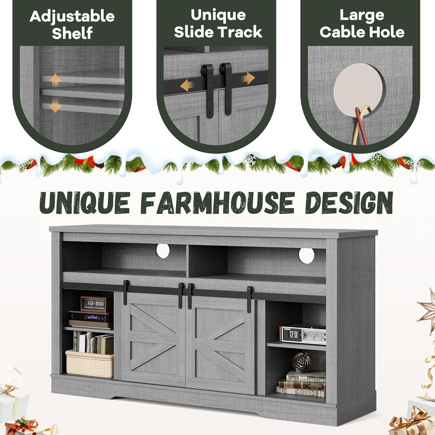 YESHOMY Fireplace TV Stand for Television up to 65+ Inch with Storage and Farmhouse Sliding Barn Doors, Entertainment Center with Cabinet and Shelves, Media Console for Living Room, Gray