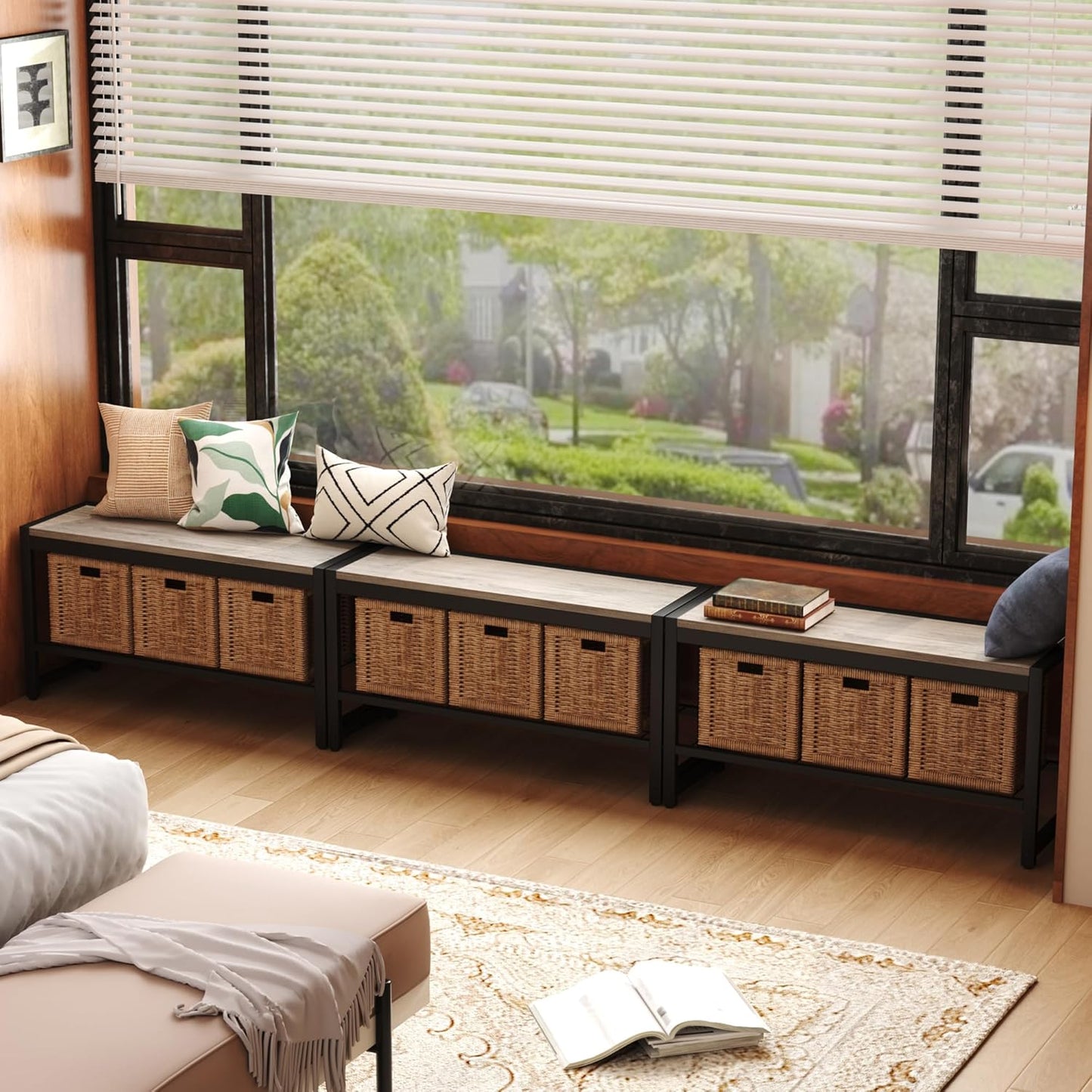 HOMEFORT 2 Tiers Shoe Bench, Retro Industrial Shoe Storage Bench with Mesh Shelf and Sturdy Metal Frame, Metal Shoe Rack Bench for Hallway, Mudroom, Living Room, Washed Gray