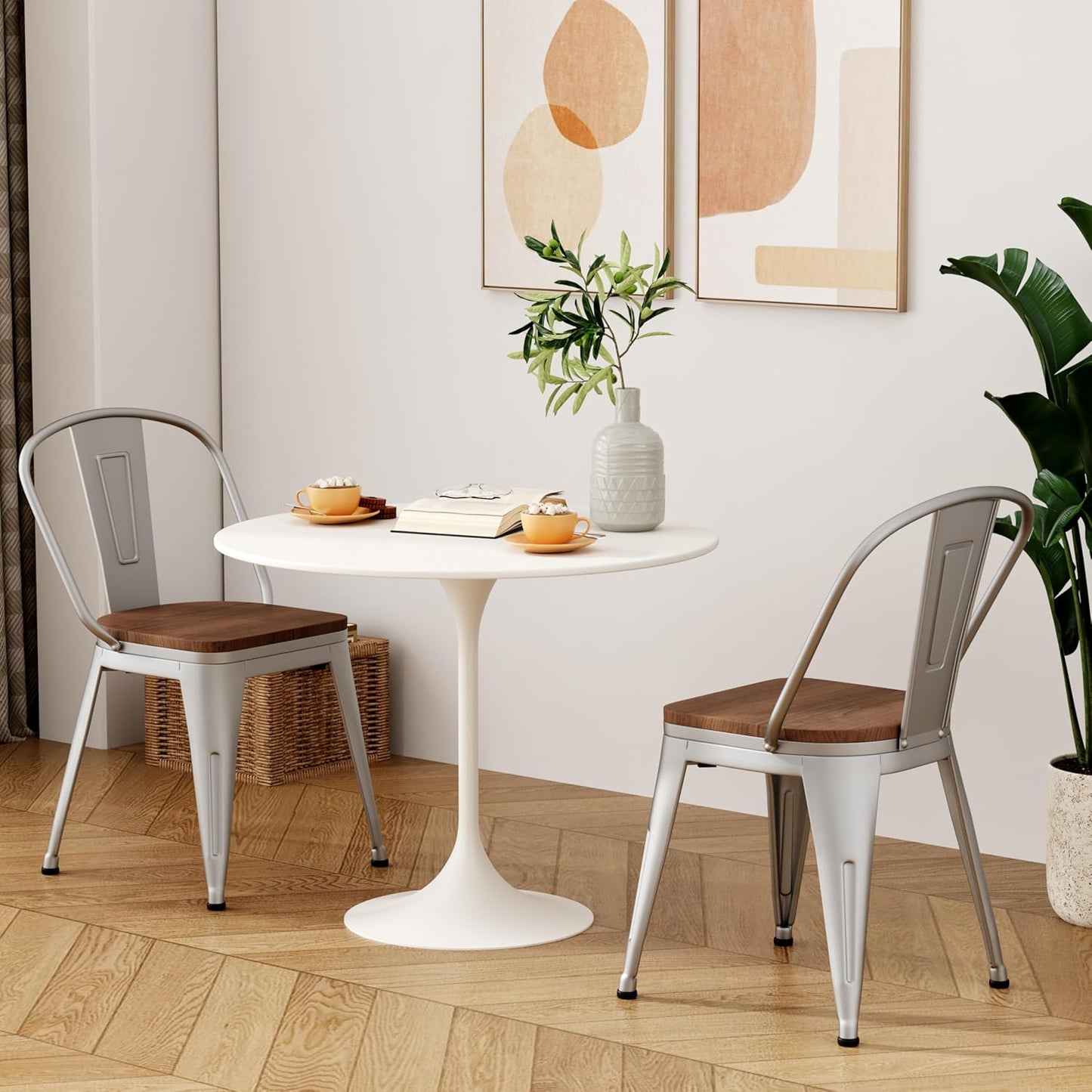 18 Inch Metal Dining Chairs,Arlunar Farmhouse Chairs Set of 4 Black Dining Room Chairs Stackable with Back and Wooden Seat bar stools