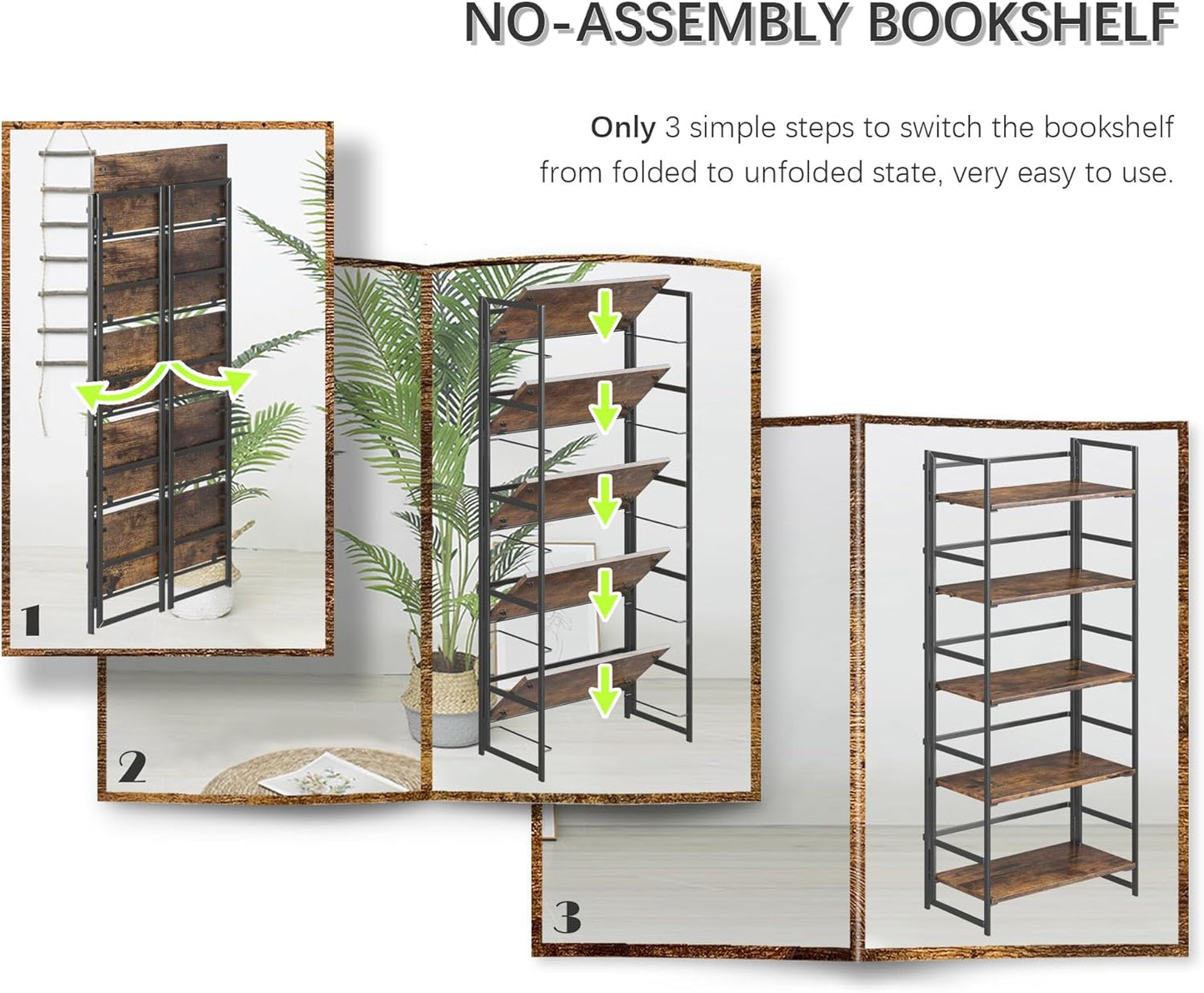 4NM No Assembly 5 Tiers Book Shelves, Black Folding Bookshelf Bookcase Open Industrial Foldable Shelves for Bedroom, Living Room, Home Office - Rustic Brown Black