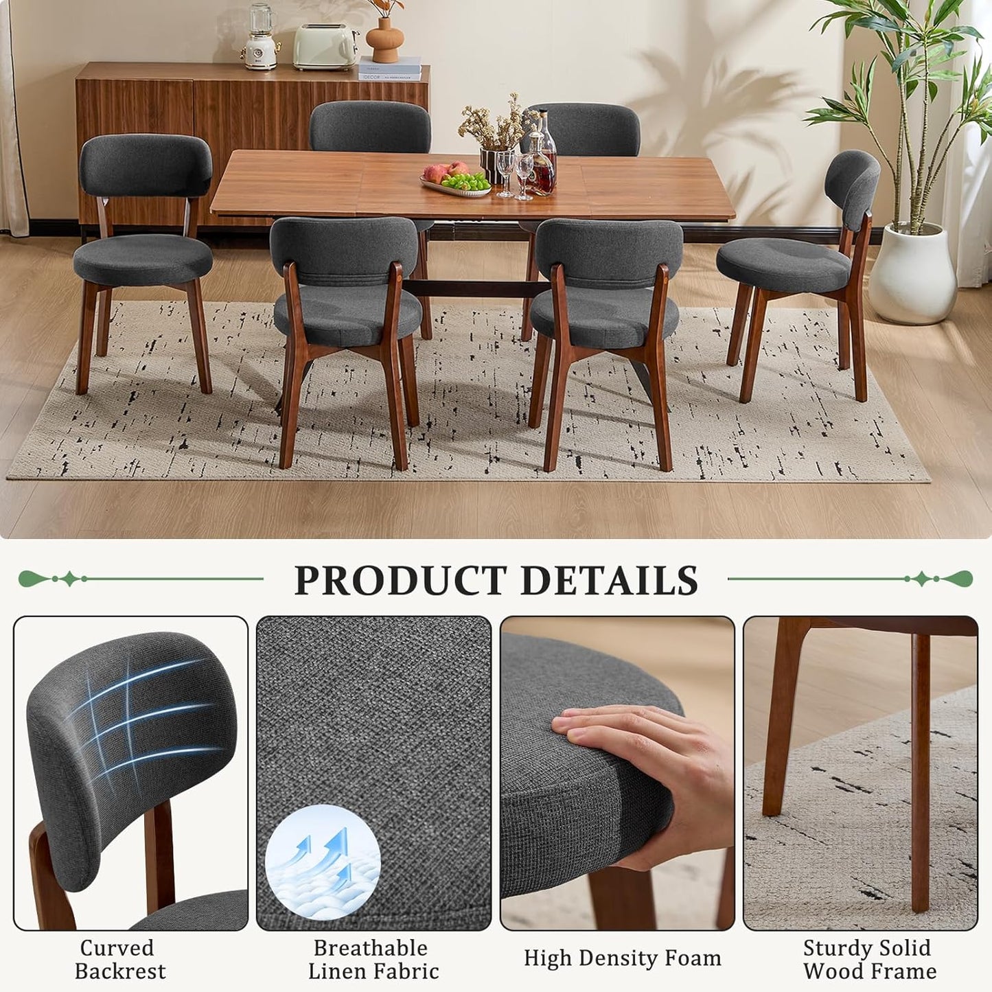 Furniliving Wooden Dining Chairs Set of 6, Mid-Century Modern Linen Upholstered Kitchen Chair with Solid Oak Wood, Farmhouse Dining Room Chairs, Grey