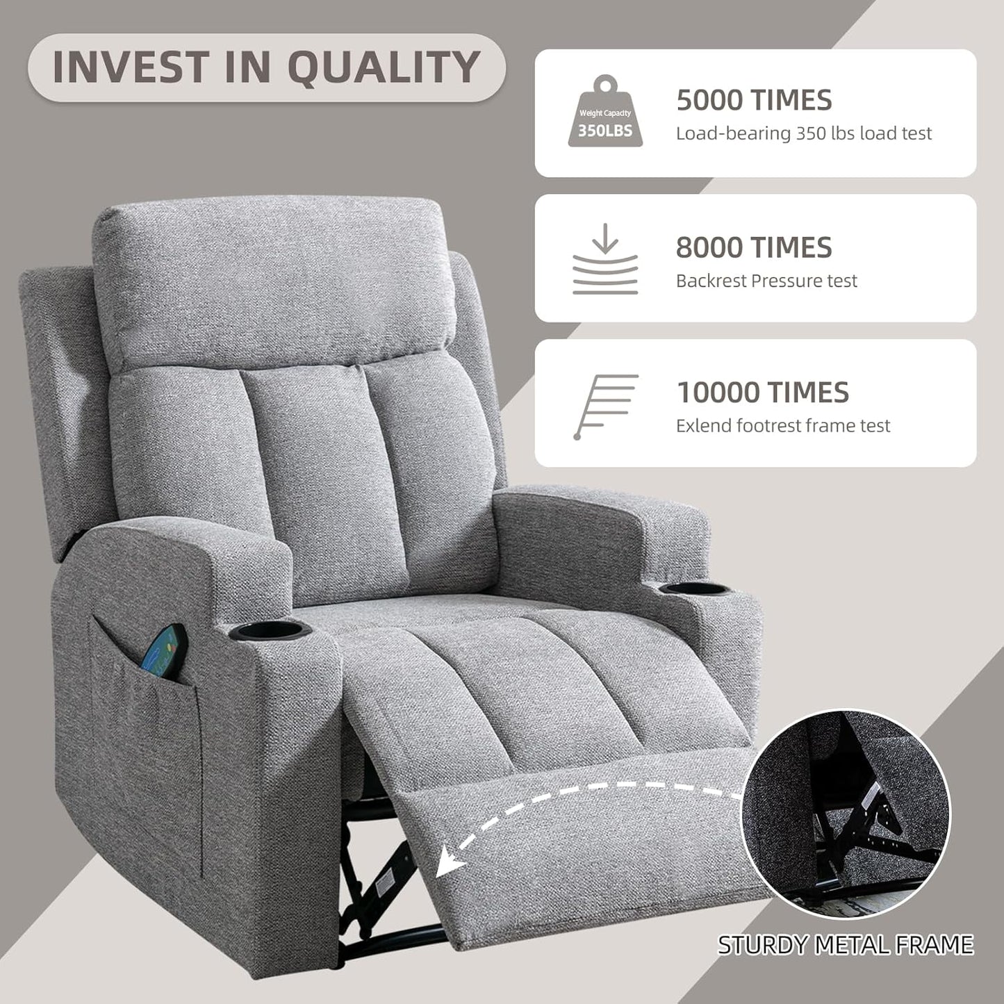Phoenix Home Manual Recliner Chair Set of 2 with Massage and Heat, Ergonomic Overstuffed Breathable Fabric Recliner Single Sofa Seat with 2 Cup Holders, Living Room Lounge Recliners on Clearance, Gray