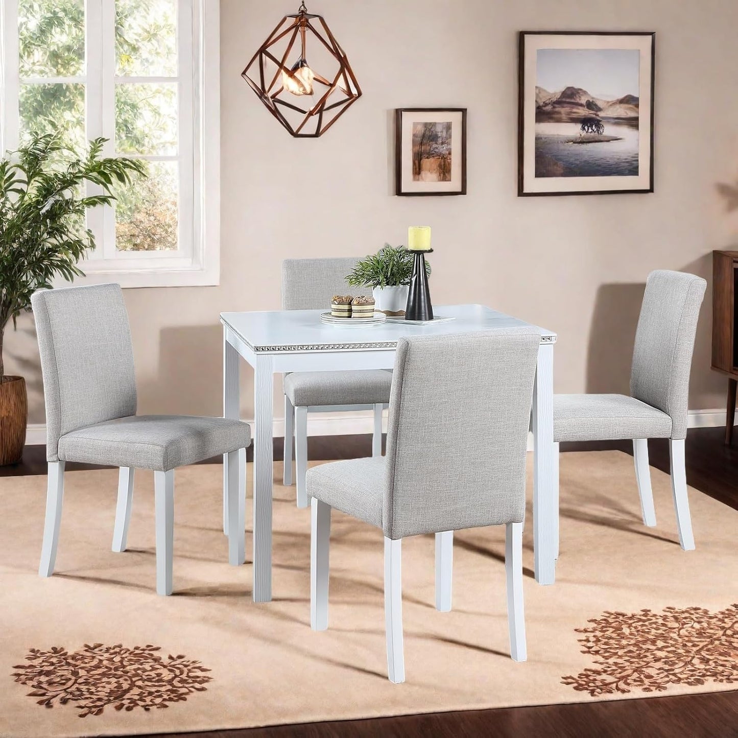 Dining Table Set for 4, 5-Piece Dining Room Table Set with Square Crystal Decoration Table & 4 Upholstered Backrest Chairs, Counter Height Kitchen Sets with Faux Wood Grain Design, White
