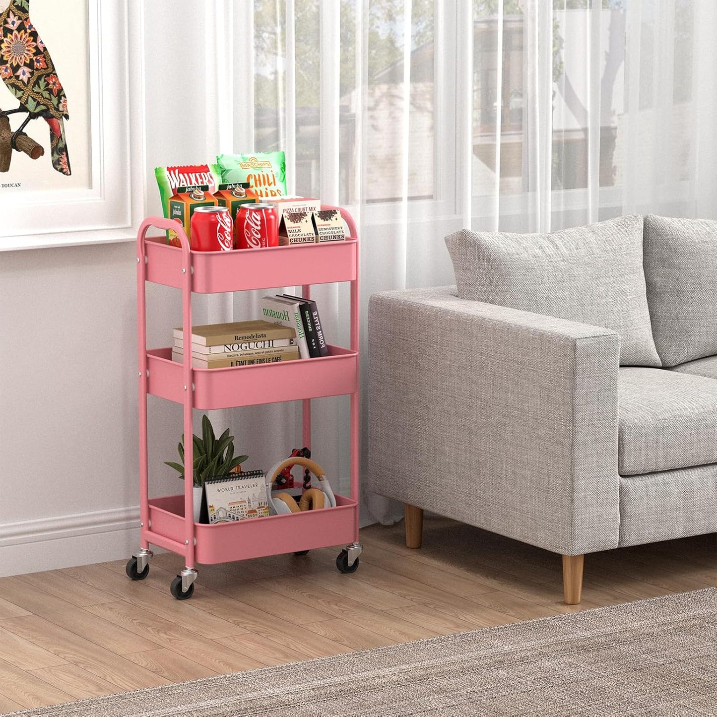MAX Houser 3-Tier Rolling Utility Cart with Caster Wheels,Easy Assembly, for Kitchen, Bathroom (Pink)