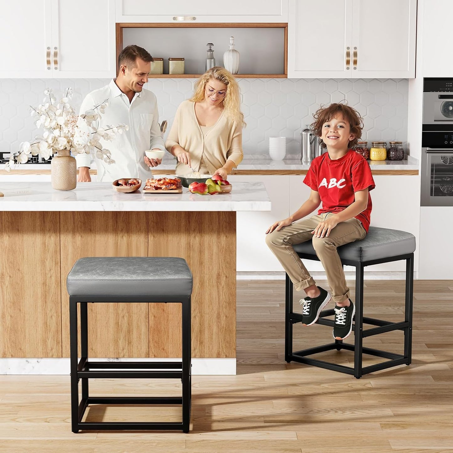 Counter Height Bar Stools Set of 3, 24" Barstools for Kitchen Countertop, Faux Leather Counter Stools with Thick Square Seats & Sturdy Metal Base, Simple Assembly, Gray