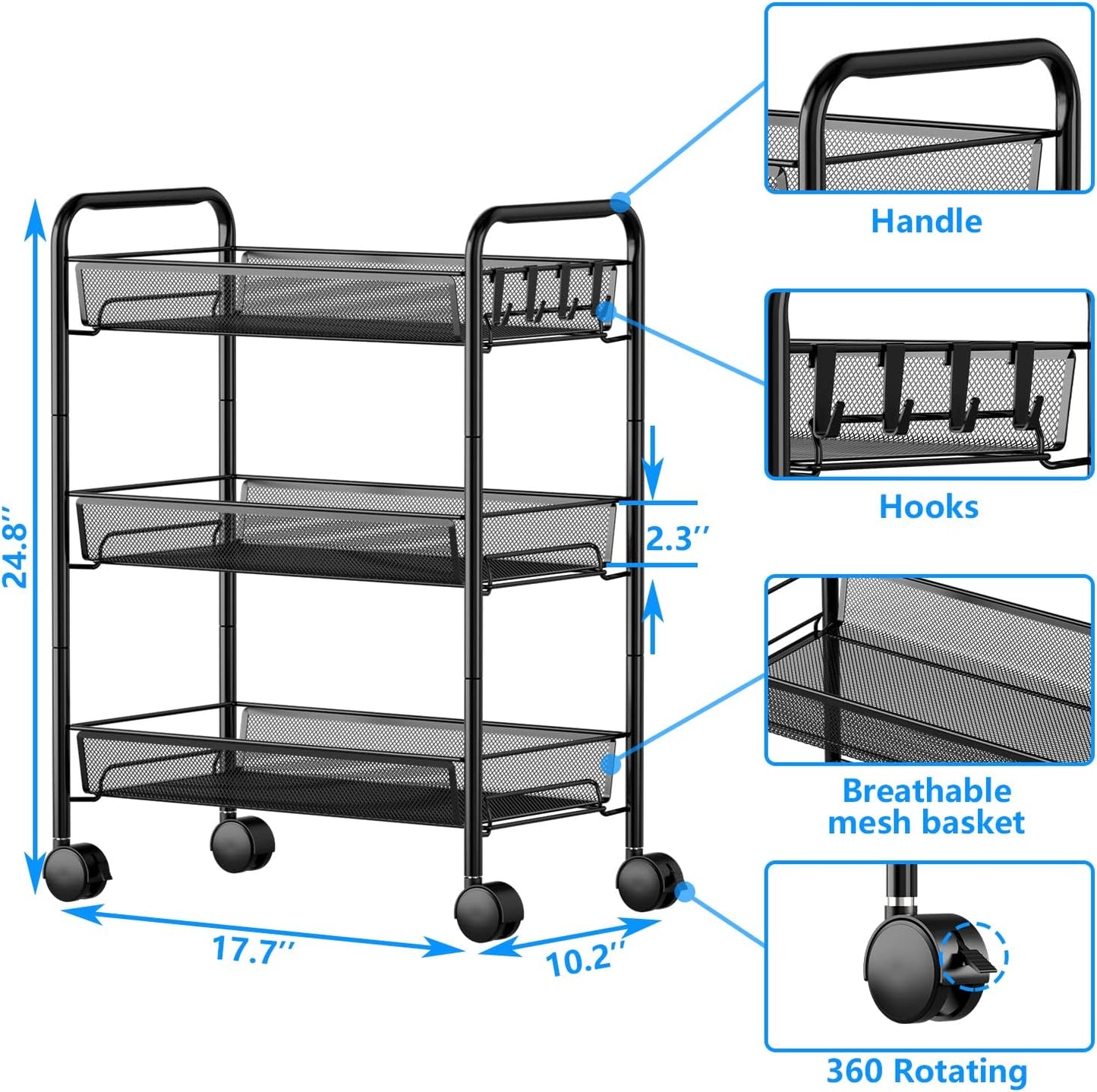 OVICAR Mesh Wire 3 Tier Rolling Cart, Kitchen Storage Utility Cart, Multifunction Basket Stand for Bathroom, Full Metal Storage Art Trolley Carts with Wheels & 4 Side Hooks (Black)