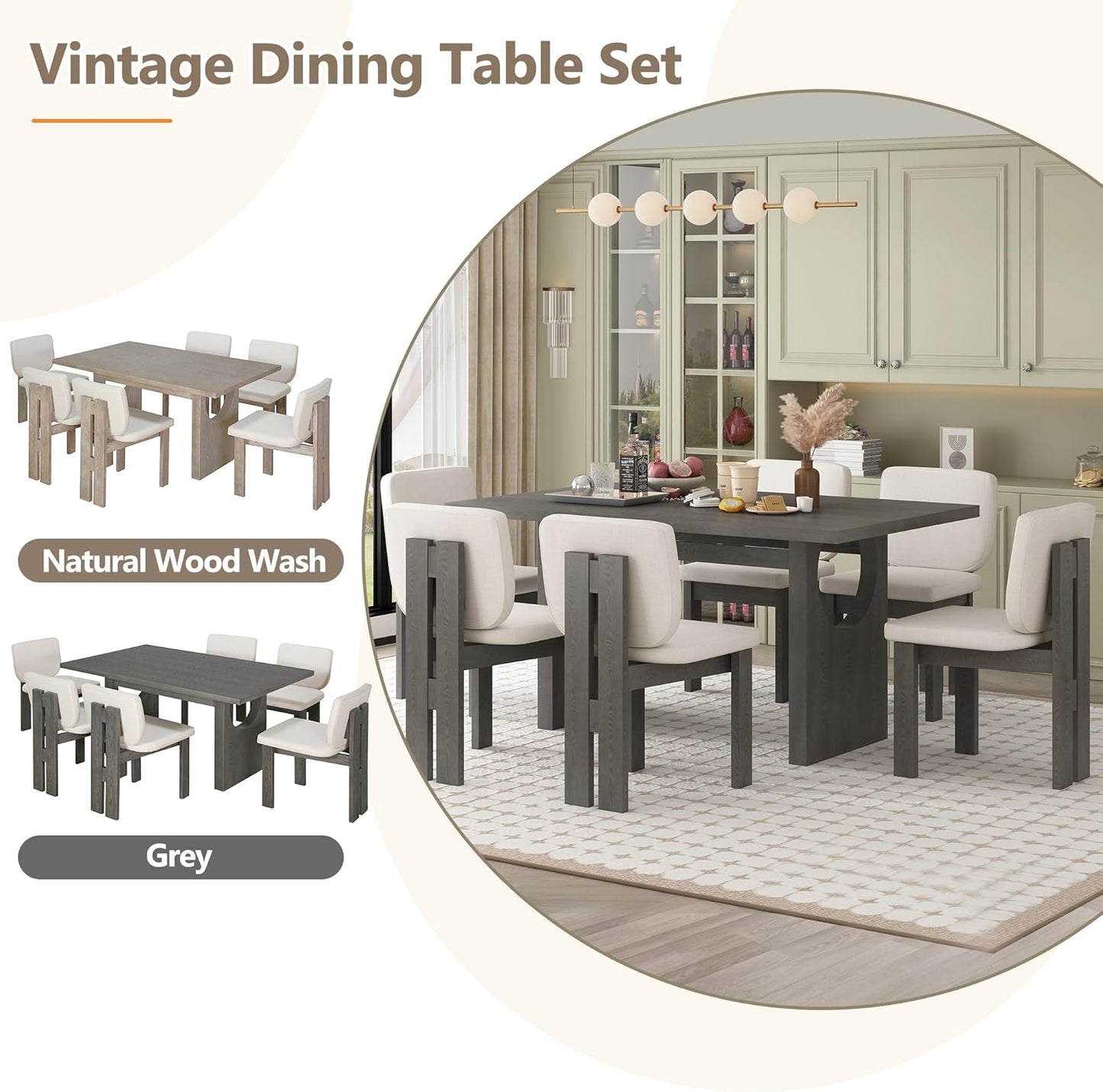 Ball & Cast 7-Piece Dining Table Set for 6 People, 59" Wood Dining Kitchen Table & Chairs Set, Dining Room Table with Trestle Base and 6 Upholstered Chairs, Perfect for Dining Room,Grey
