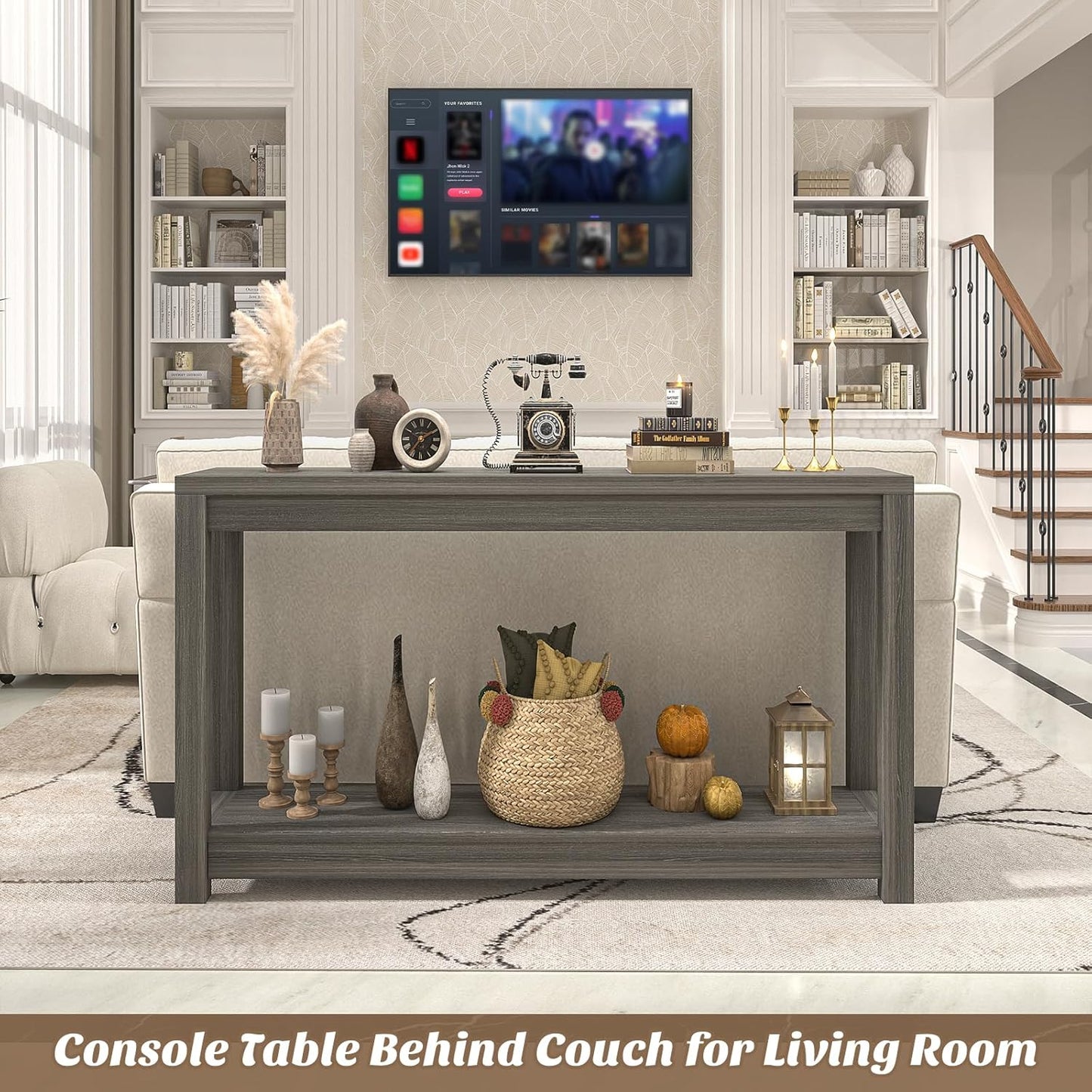 47" Farmhouse Wood Entryway Table Narrow Console Table with Storage Behind Couch Sofa Table with Shelves Entry Way Table with Open Storage, Easy Assembly, Grey Walnut