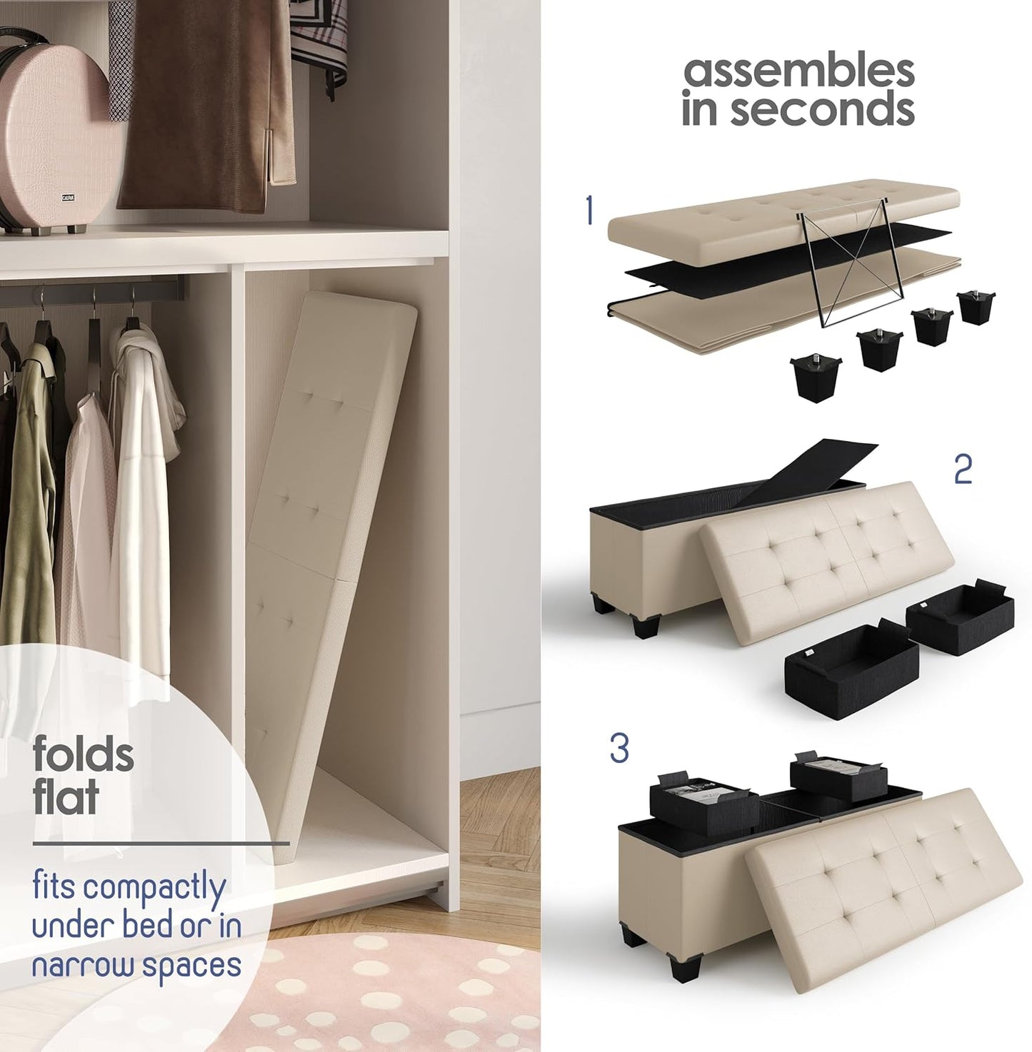 STORAGEBUD Storage Ottoman Bench with Bins, 43-in Storage Bench for Bedroom End of Bed, Folding Foot Rest Ottoman for Living Room Max 660lbs, Faux Leather Ottomans, Beige