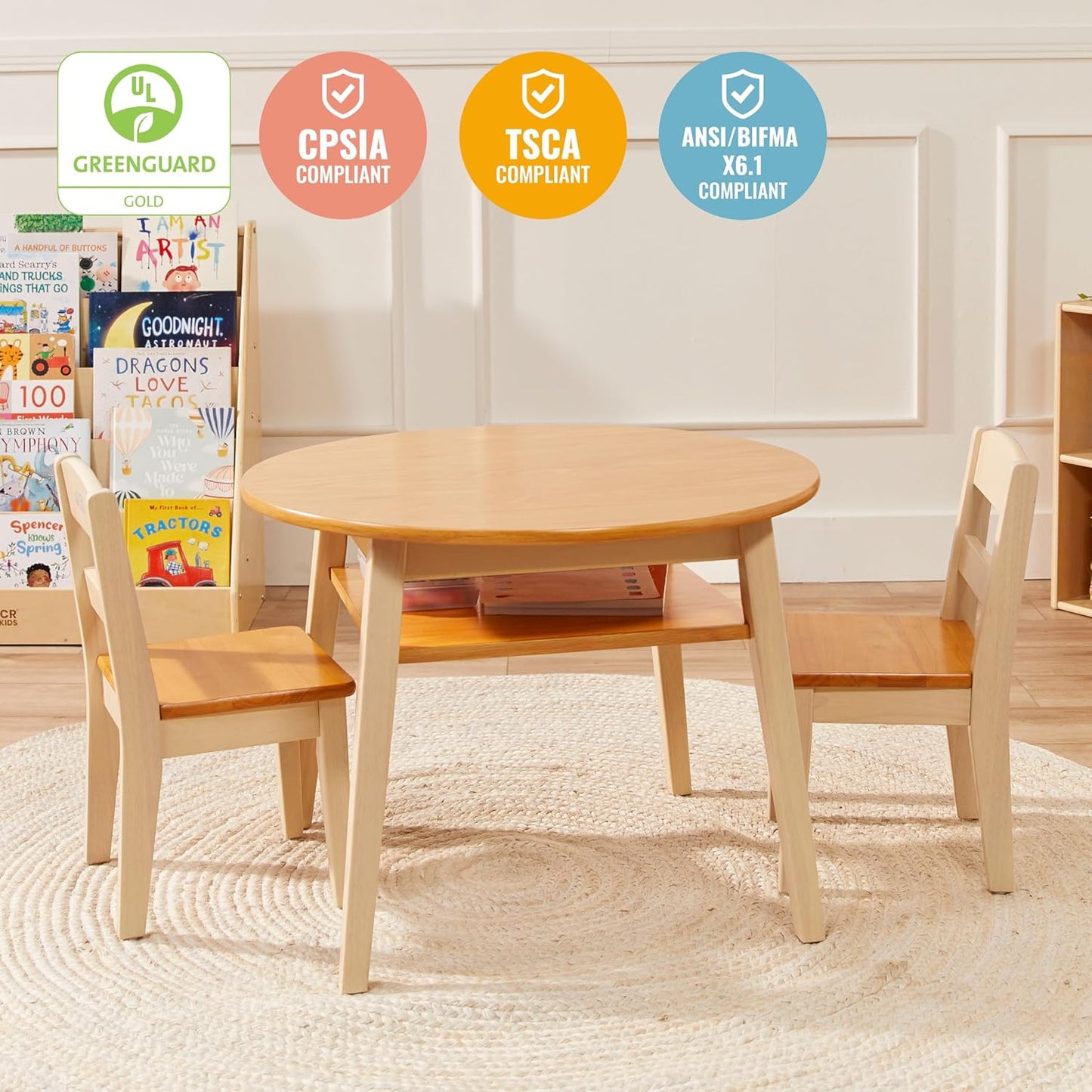 ECR4Kids Hideaway Table and Chair Set, Kids Furniture, Honey/Antique White, 3-Piece