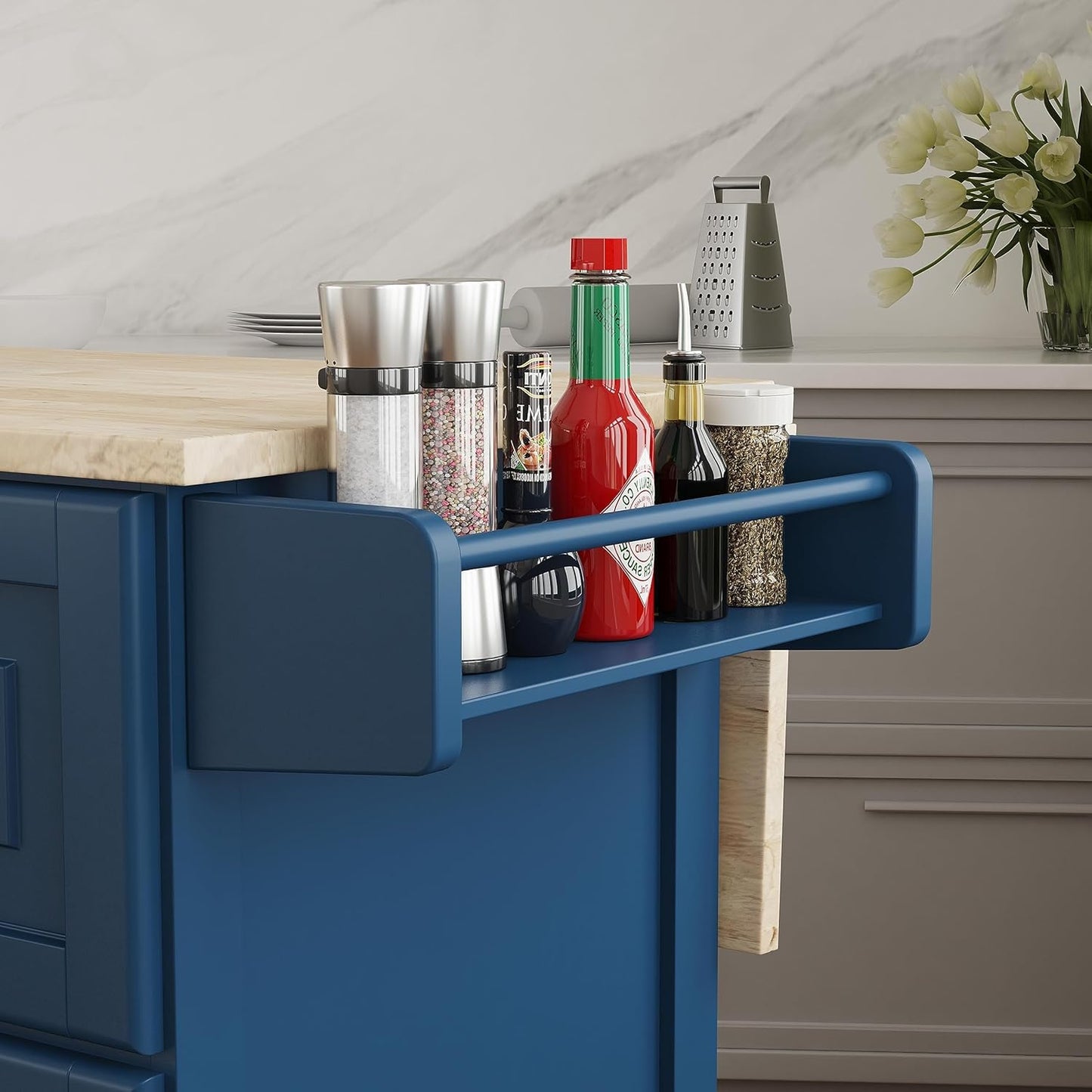 Homestyles Mobile Kitchen Island Cart with Wood Top and Dropleaf Breakfast Bar, Blue