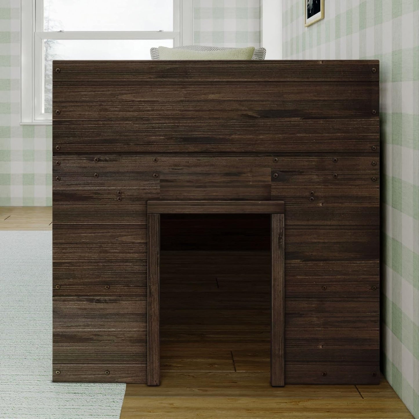 Max & Lily Modern Farmhouse Low Loft Bed, Twin Bed Frame for Kids with 2 Bookcases, Barnwood Brown