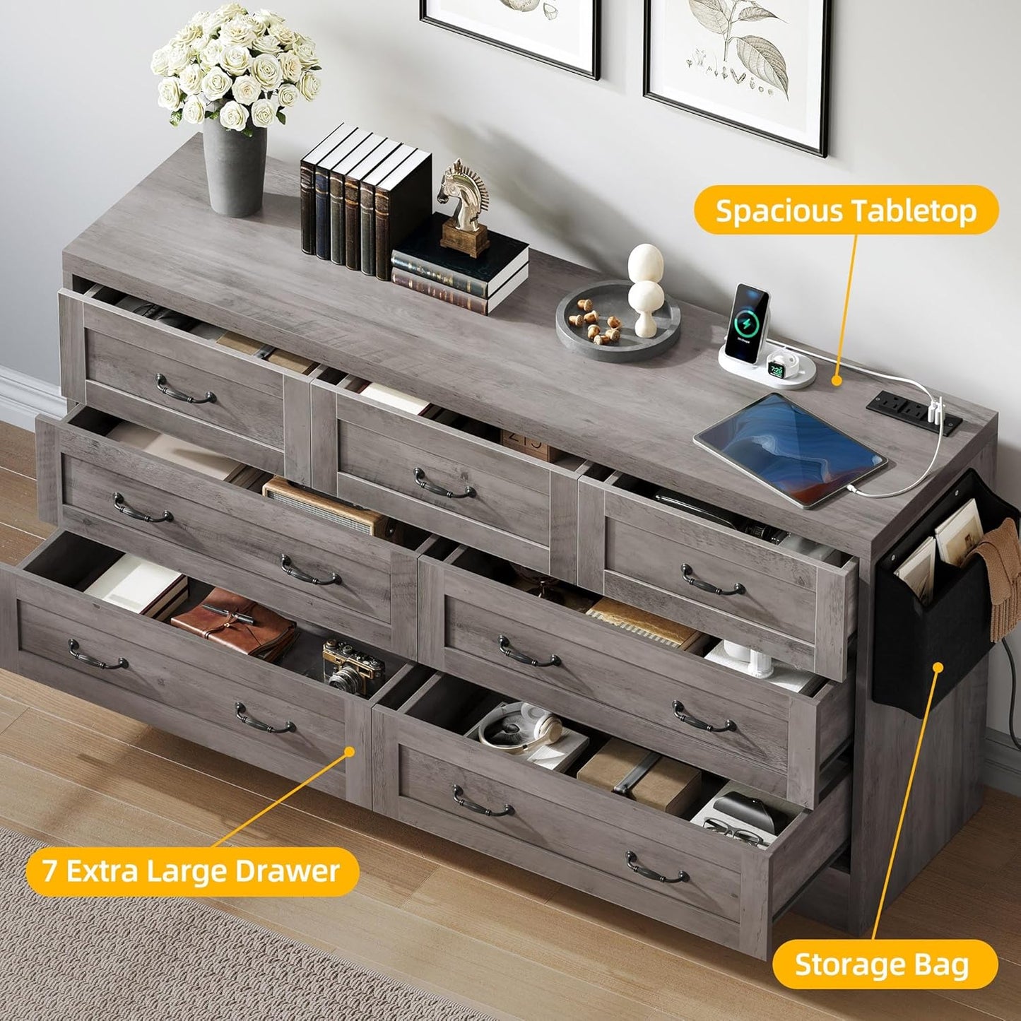 YITAHOME Grey Drawers TV Stand for 65 inches with Power Outlets -Chest of Drawers Dresser with Side Organizer Bag Entertainment Center TV Console