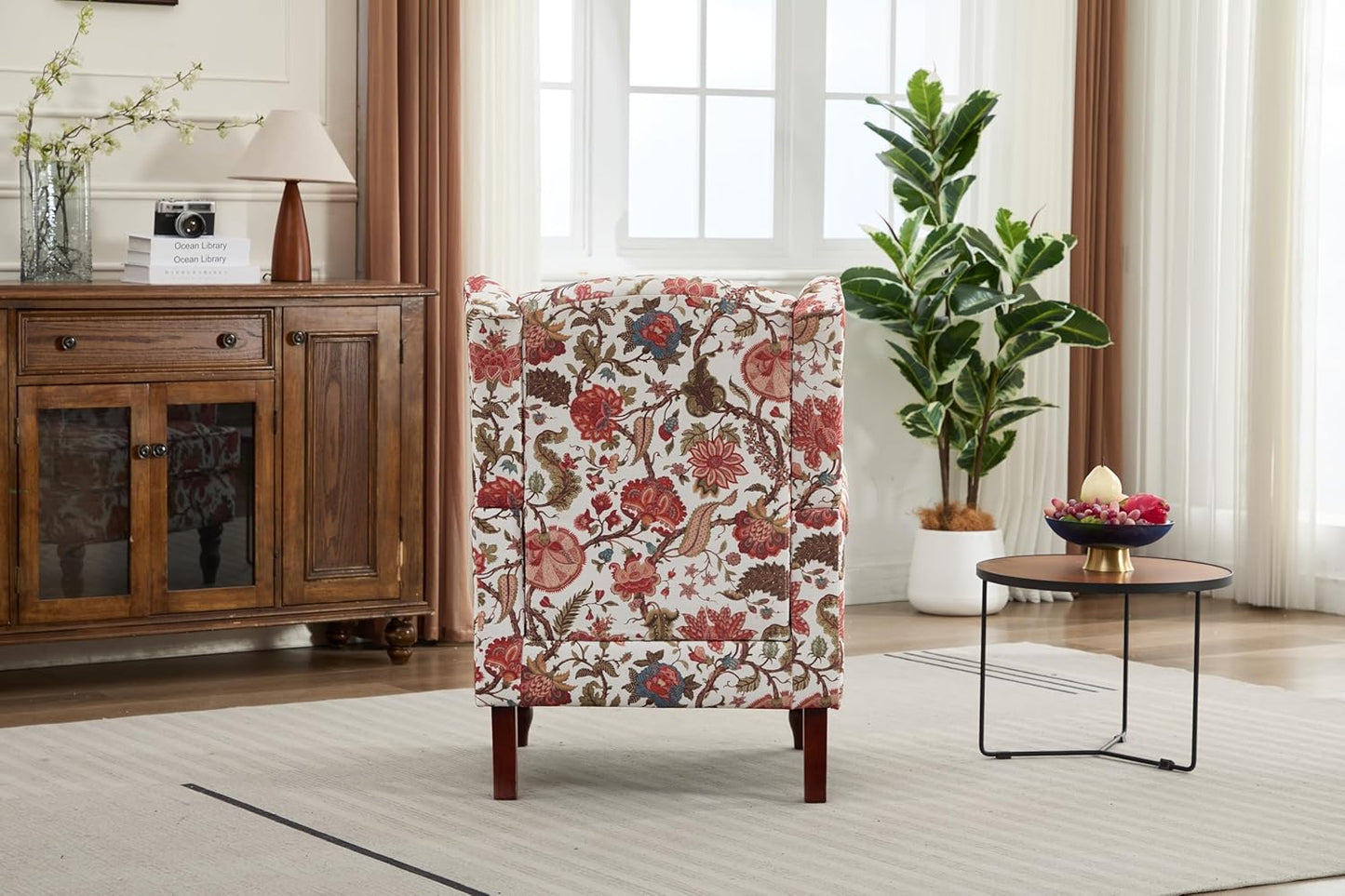 Ball & Cast Modern Accent Chair,Comfy Upholstered Armchair with Retro Wood Legs,Floral Design Single Sofa Chair,Living Room Furniture for Apartment,Bedroom,Office,Linen Fabric,Floral Red