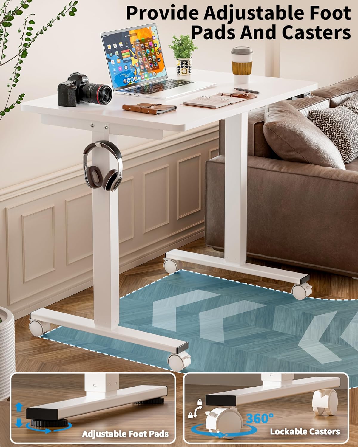 Okin Small Electric Standing Desk, 36" x 24" Whole Piece Height Adjustable Desk, White Sit to Stand Computer Workstation with Wheels for Home Office