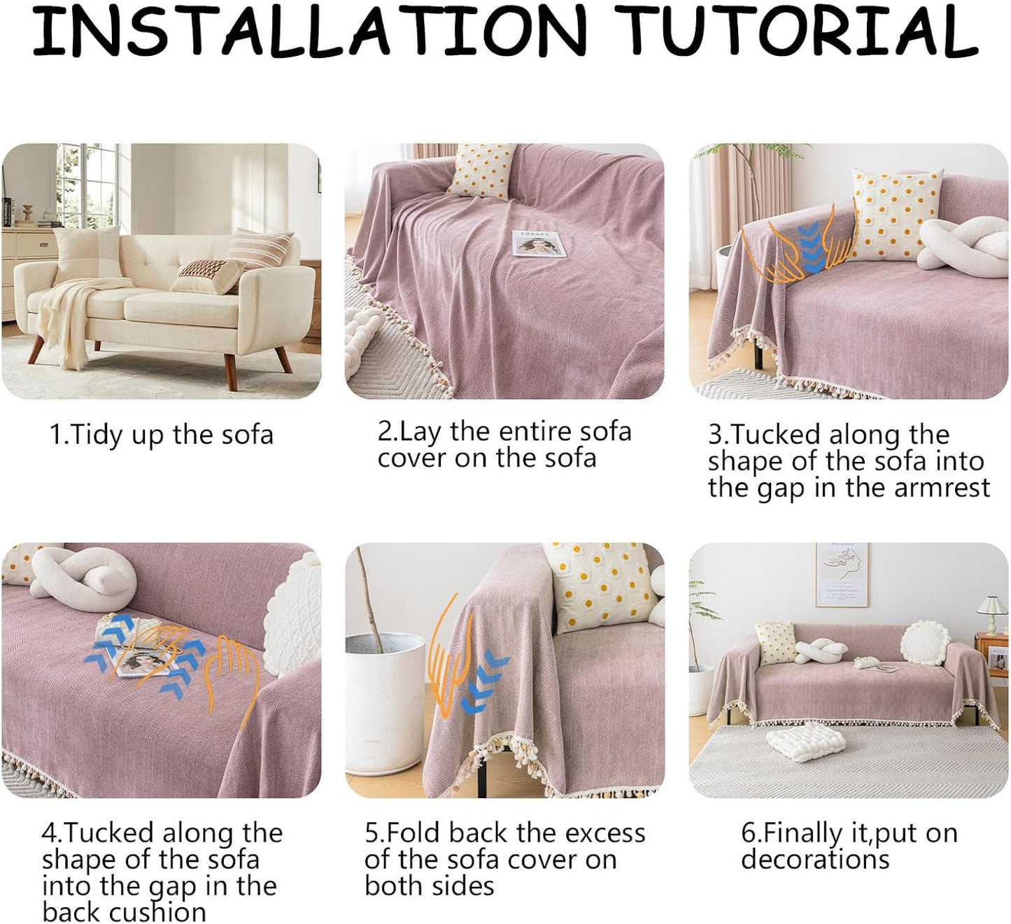 HANDONTIME Solid Boho Sofa Cover for 3 Cushion Couch - Pink-Purple Chenille Throw With Tassels for Dogs, 91" X 150" - Mauve