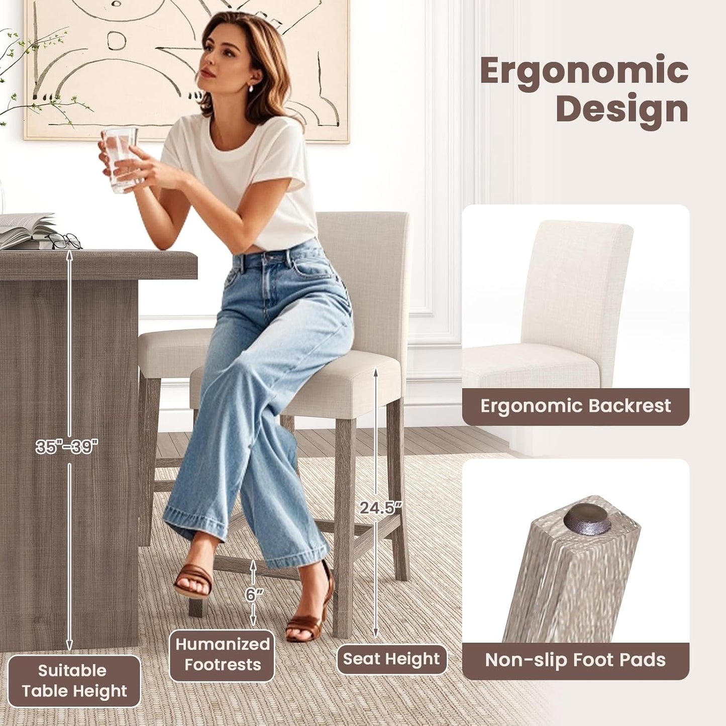 COSTWAY Upholstered Counter Height Stools Set of 2, Bar Stools w/Ergonomic Backrest, Solid Wood Frame, 24.5” Fabric Counter Height Chairs for Kitchen Island, Dining Room, Pub (Beige)