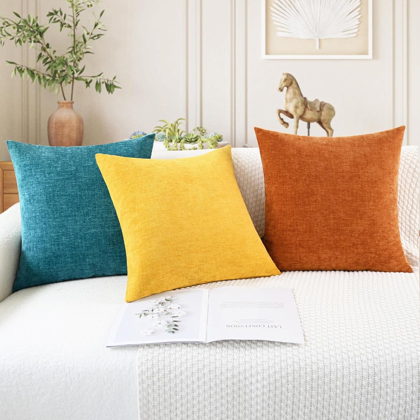 CaliTime Fall Throw Pillow Covers Decorative 20 X 20 Inches Pack of 2 Cozy Chenille Cushion Cases for Couch Sofa Bed Living Room Home Burnt Orange