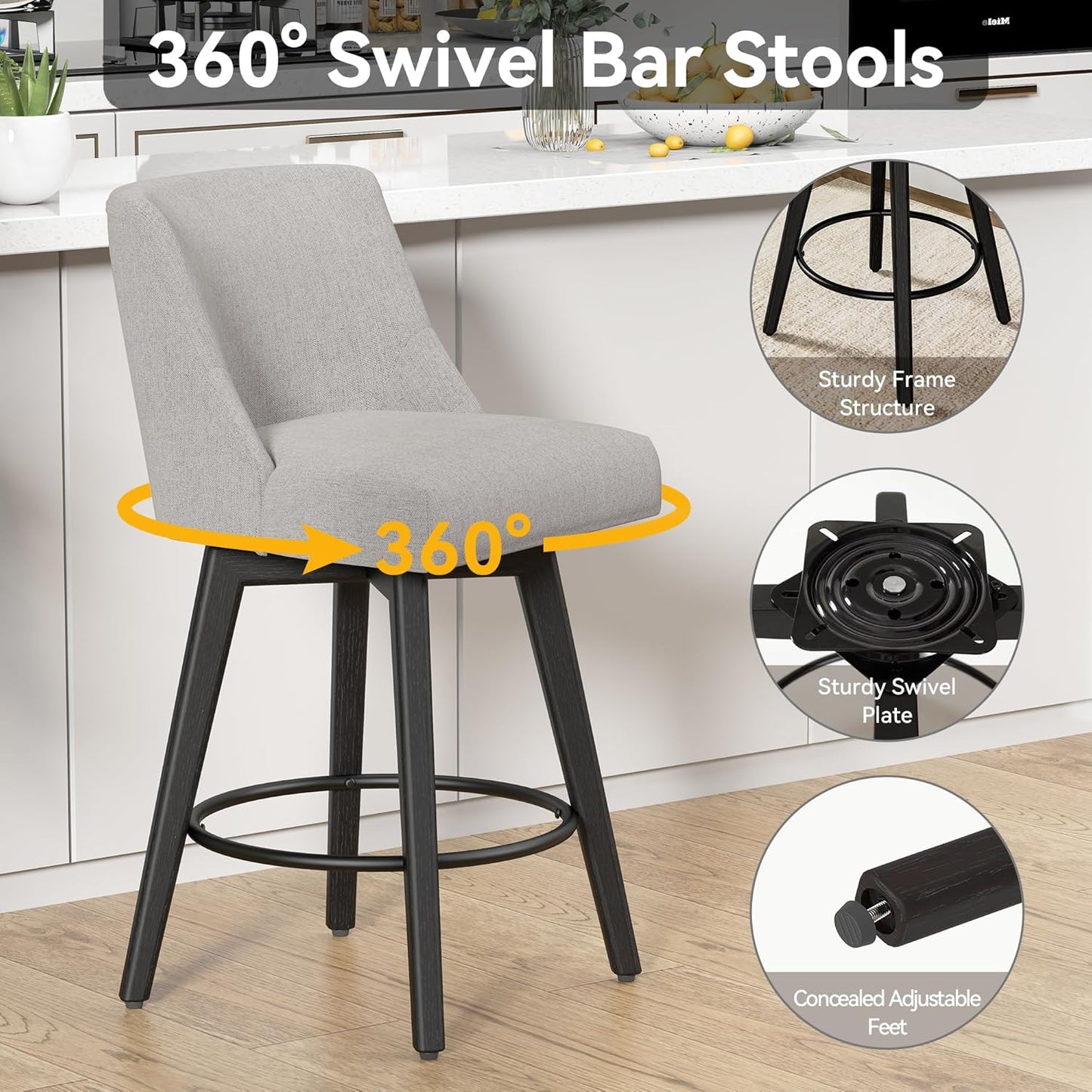 Counter Height Swivel Bar Stools Set of 4, 26 Inch Bar Stools with Footrest, Linen Fabric Upholstered Barstools with Back and Solid Wood Legs for Kitchen Island, Dining Room,Pub,Light Grey