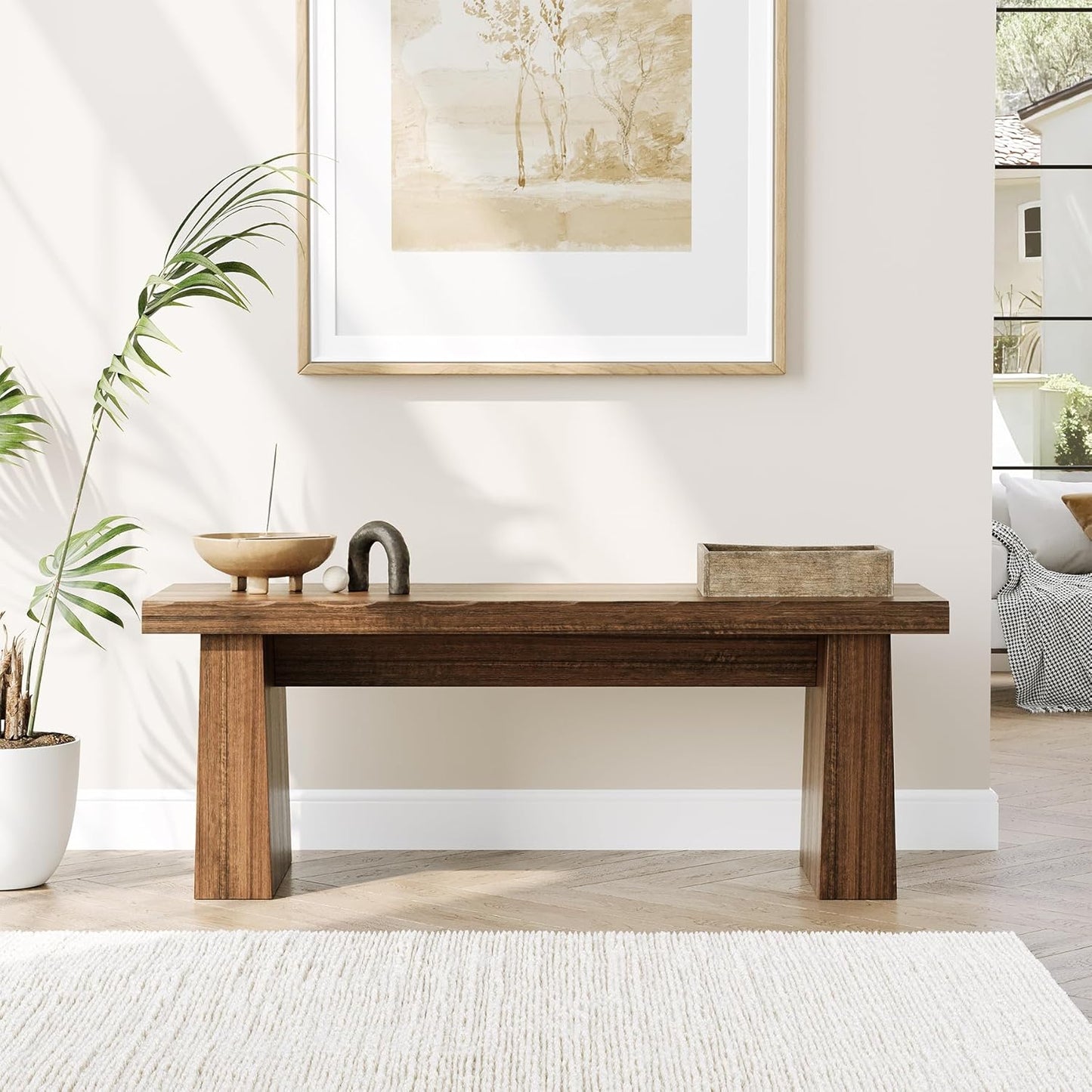 LITTLE TREE 47-Inch Wooden Entryway Bench, Farmhouse Dining Bench with Sturdy Frame for Dining Room, Bedroom, Living Room Hallway Kitchen, Easy Assembly (Mahogany)