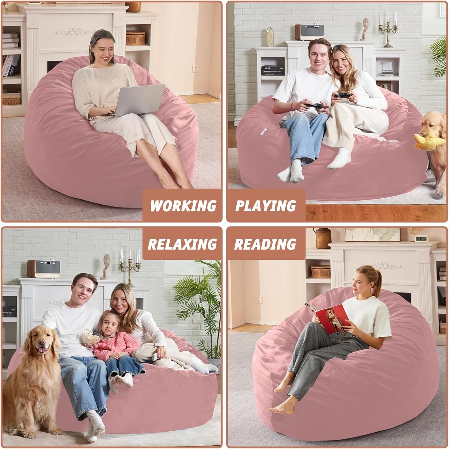 5FT Bean Bag Chair with Ultra Soft Velvet Cover Bean Bag Sofa with Memory Foam Bean Bag Chairs with Large Size Lazy Sofa for Dorm Office Living Room Bedroom Dusty Pink 5'