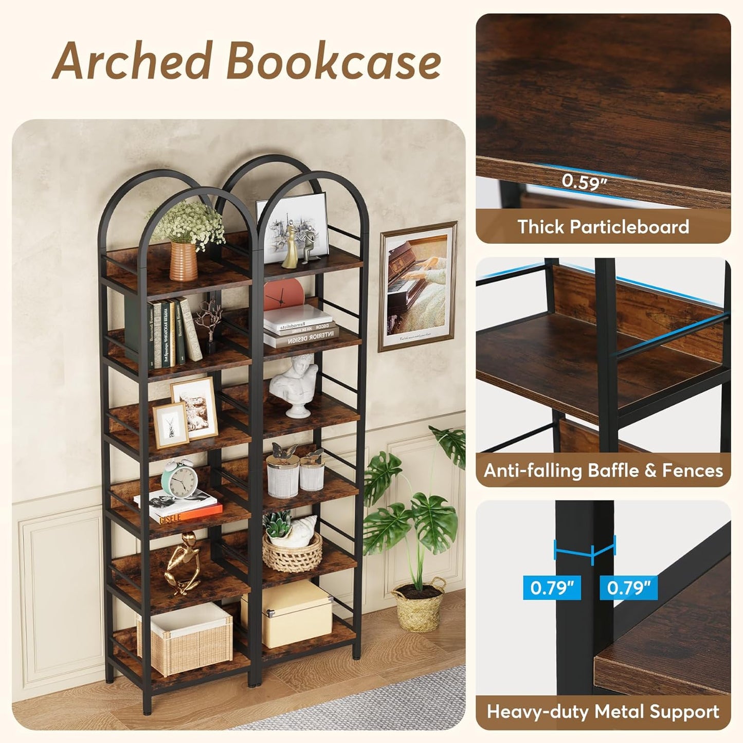 LITTLE TREE Bookshelf Set 2, Skinny 78.7 Inches Tall Arched Bookshelf, 6 Tiers Brown Open Bookcase with Black Metal Frame, Freestanding Corner Display Shelves Rack for Living Room, Home Office