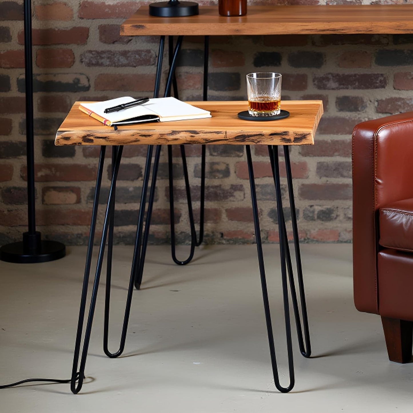Alaterre Furniture Natural Live Edge End Table - 15” x 20” x 27” Acacia Wood Side Table with Metal Hairpin Legs and Protective Floor Pads - Mid Century Modern Living Room Furniture (Natural)