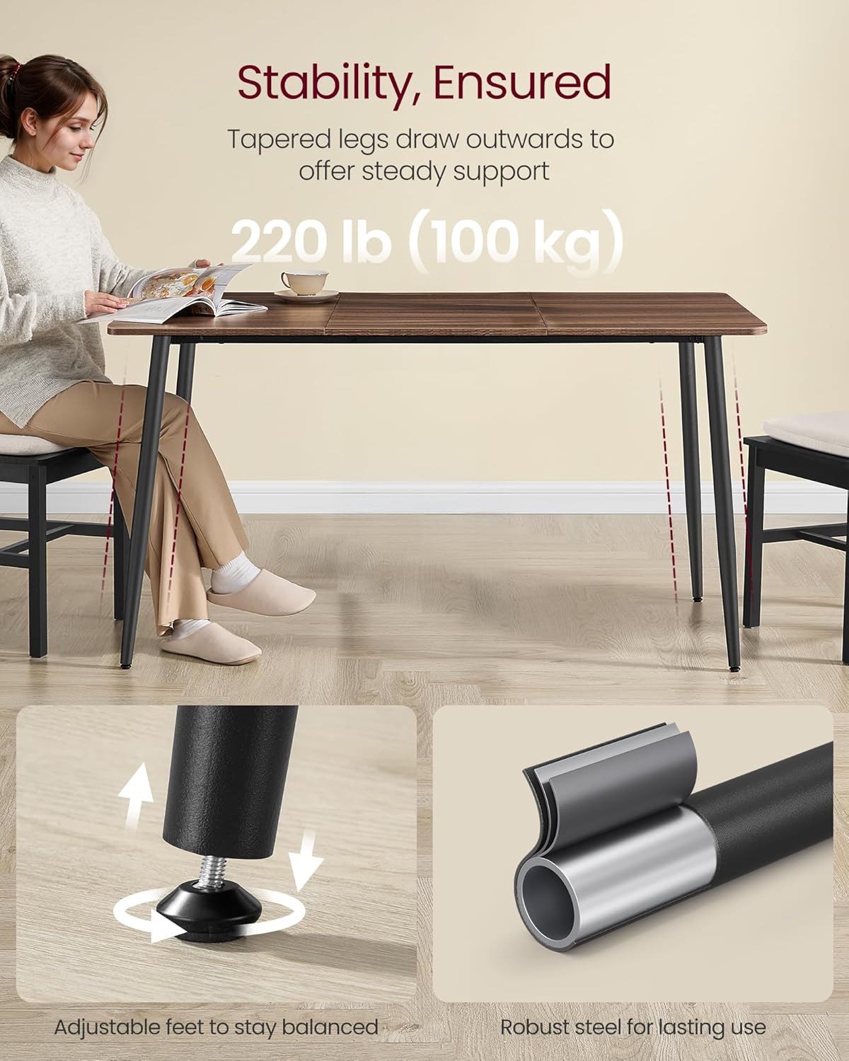 VASAGLE Dining Table, Dining Room Table for 4-6 People, Modern Farmhouse, for Kitchen, Quick Assembly, Heat-Resistant Surface, 29.5 x 55.1 x 29.5 Inches, Natural Walnut and Ink Black UKDT100K02V1