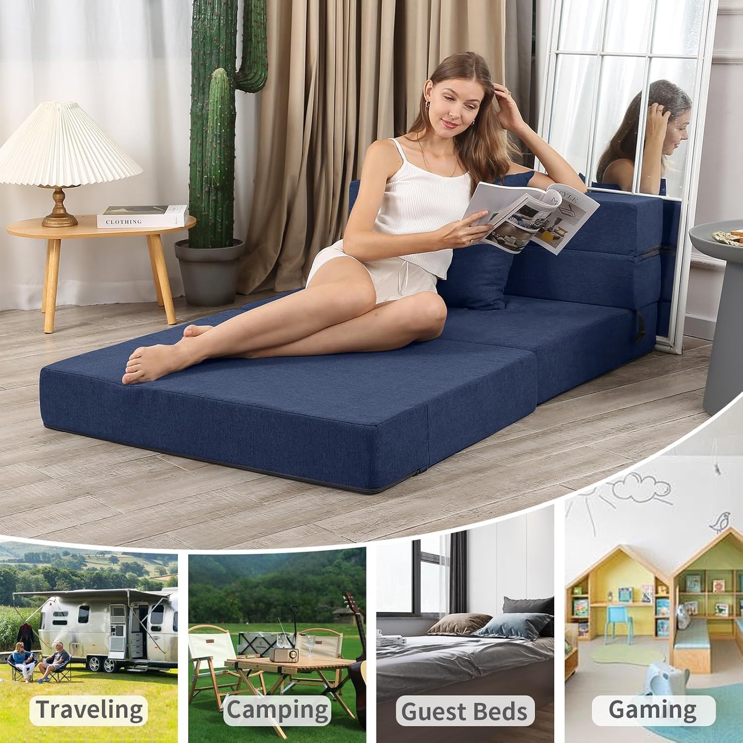 High-Density Memory Foam Folding Sofa Bed with Fluffy Pillow, Twin Size, Navy