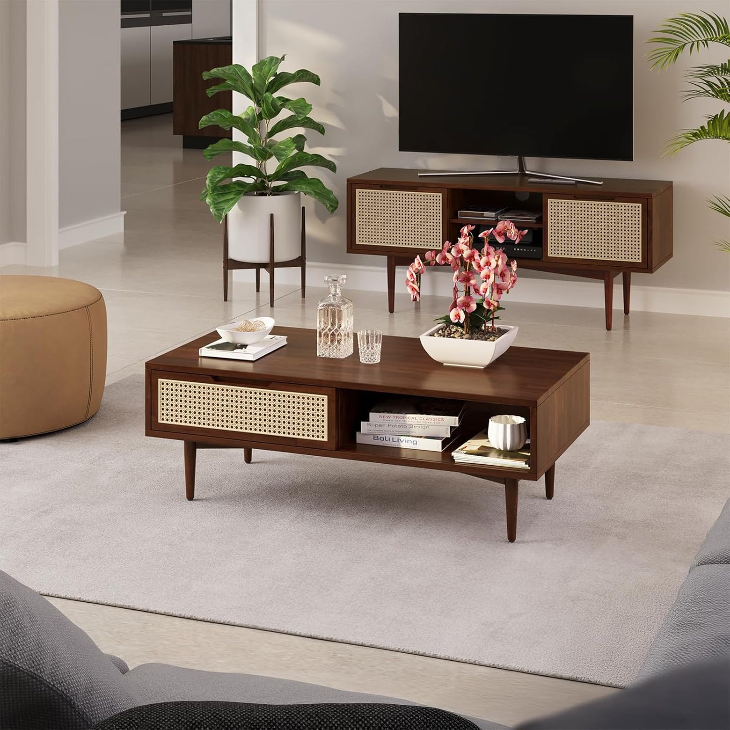 Bme Oliver Coffee Table, Mid Century Modern Coffee Table, Side Table with Storage, 2 Drawers & Open Compartments, Solid Wood Legs with Adjustable Levelers, Rattan Accent for Living Room, Walnut